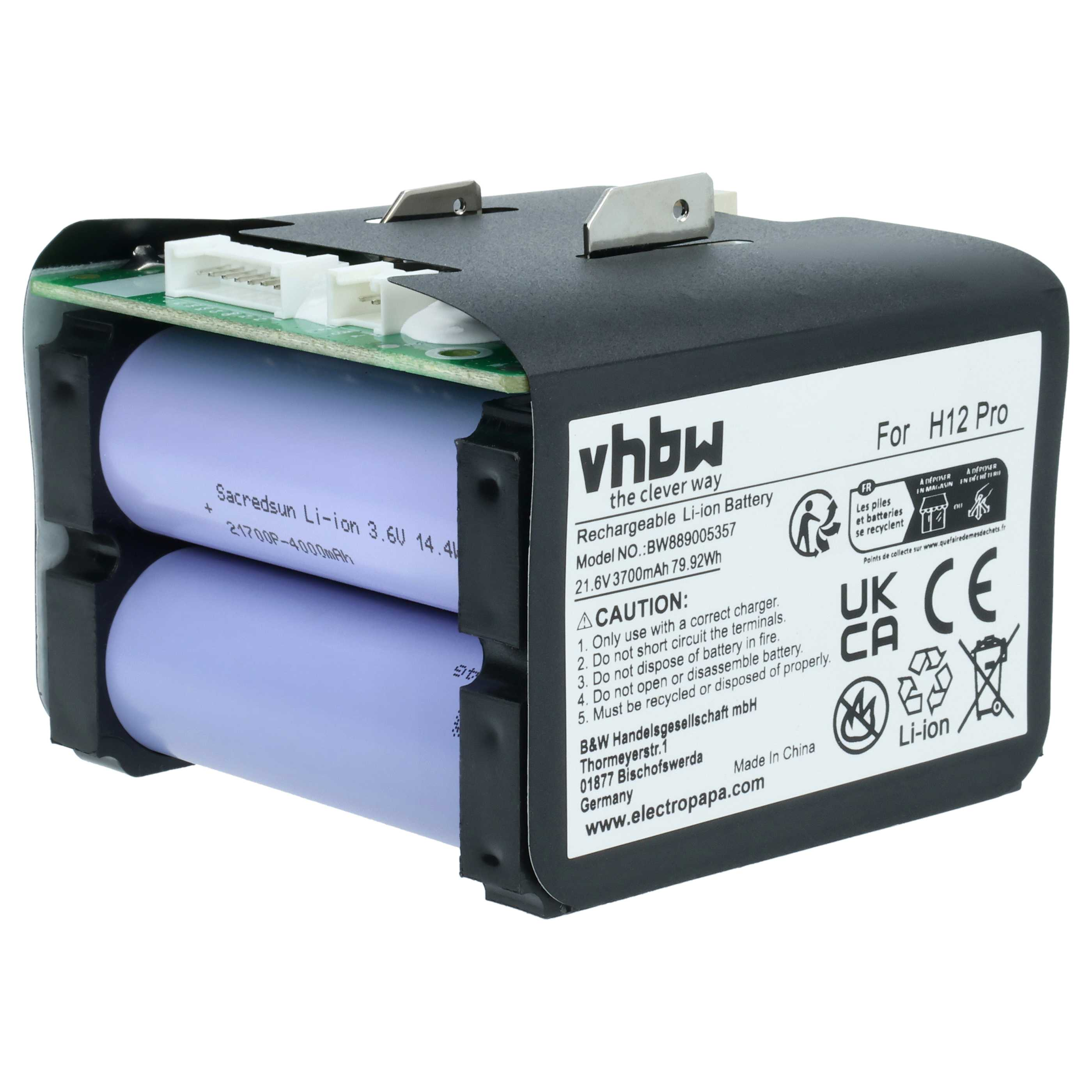 Ein wiederaufladbarer Akku für H12 Pro. Er hat zwei zylindrische Zellen, ein schwarzes Gehäuse und Sicherheitsaufkleber.