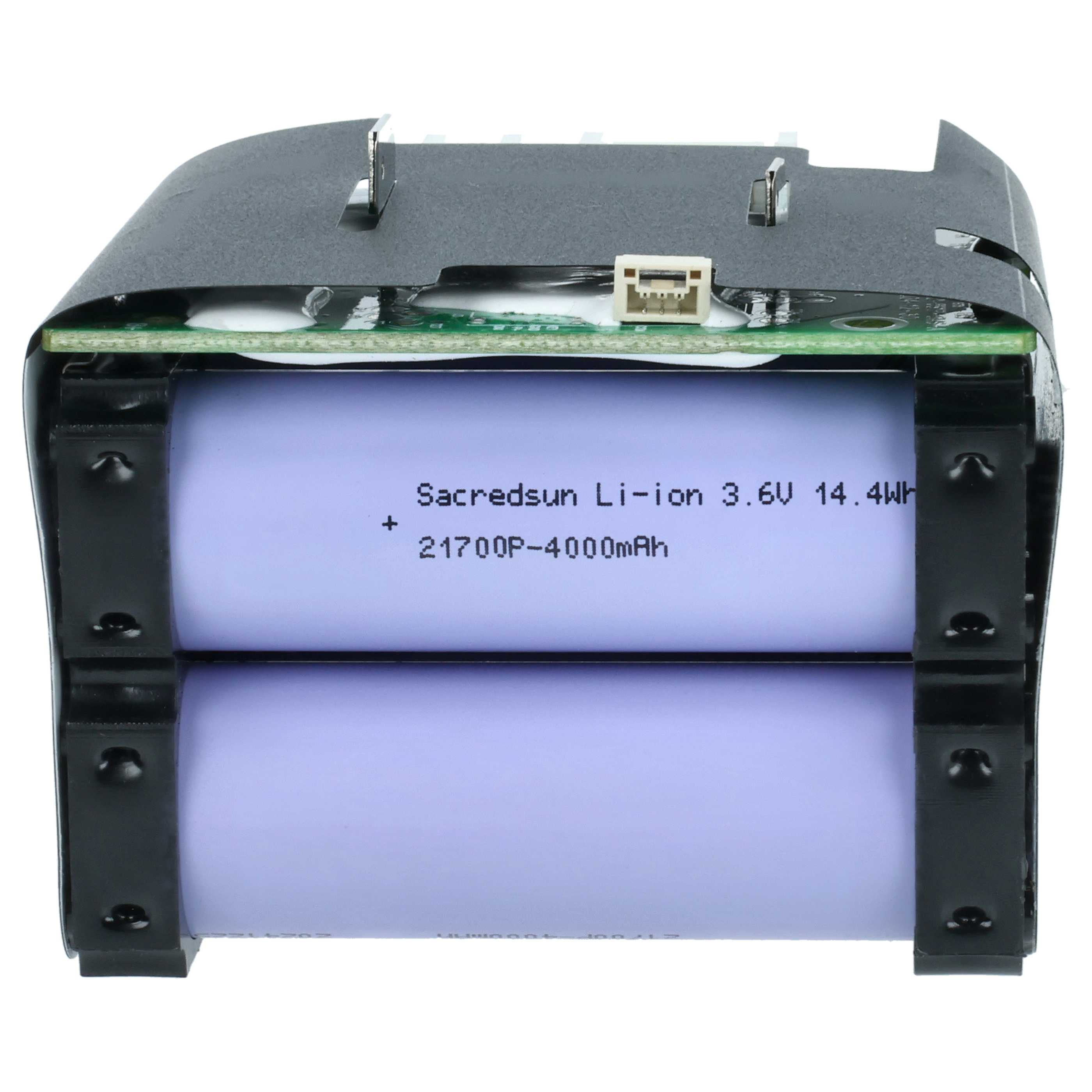 Ein Akkupack mit zwei zylindrischen Zellen. Das Pack ist schwarz, mit Metallstützen. Auf der Batterie steht 'Sacredsun Li-ion'.