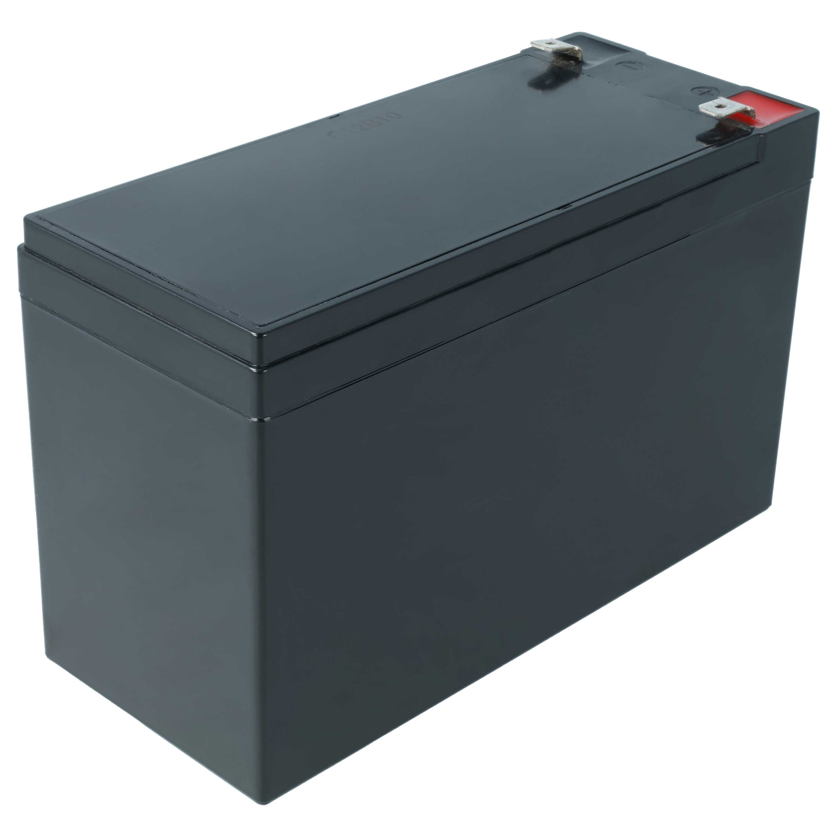Rechteckige schwarze Batterie auf weißem Hintergrund. Metallklemmen und rote Markierung.