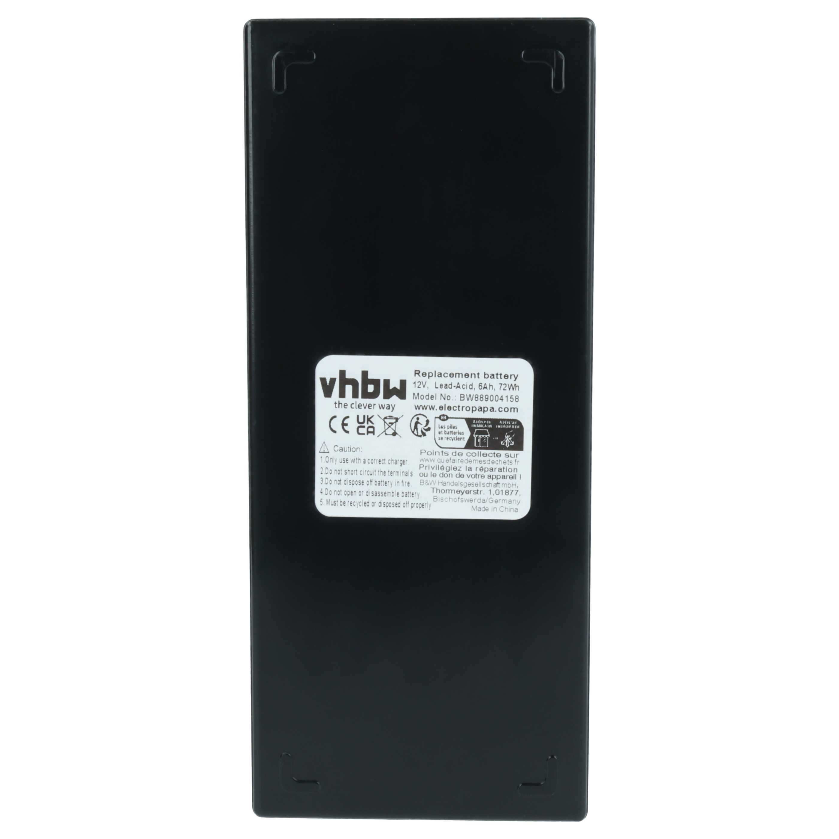 Schwarzer Akku mit weißem Text. Es steht 'Replacement battery' und 'vhbw'. Es hat Warnungen und Recyclingsymbole.