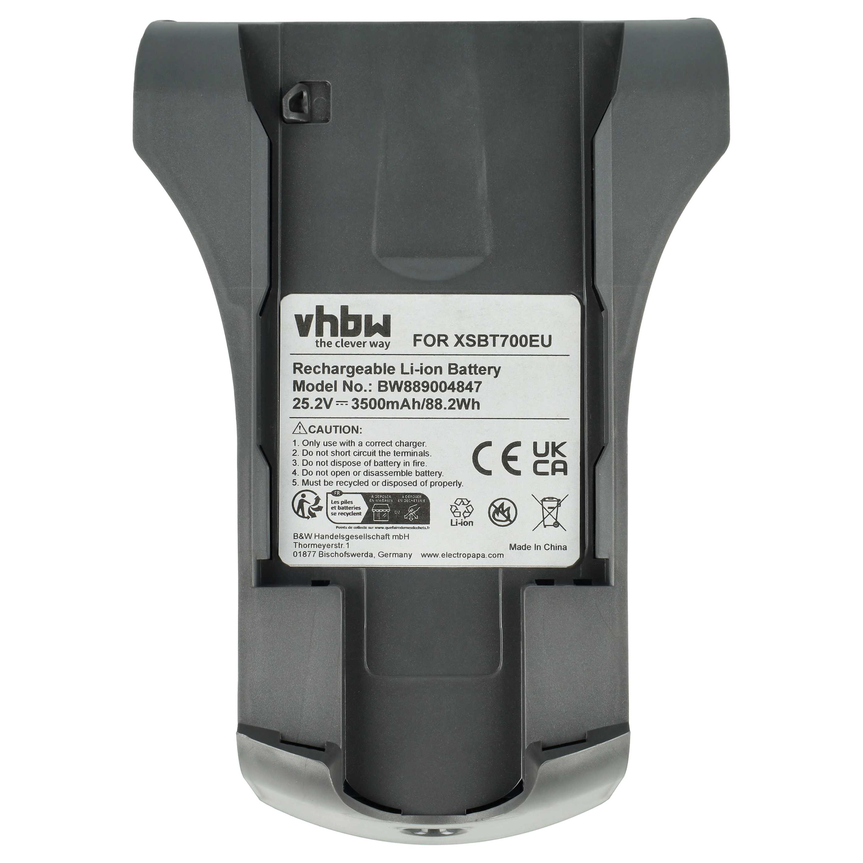 Ein grauer und schwarzer Vhbw-Akku mit Text und Symbolen.