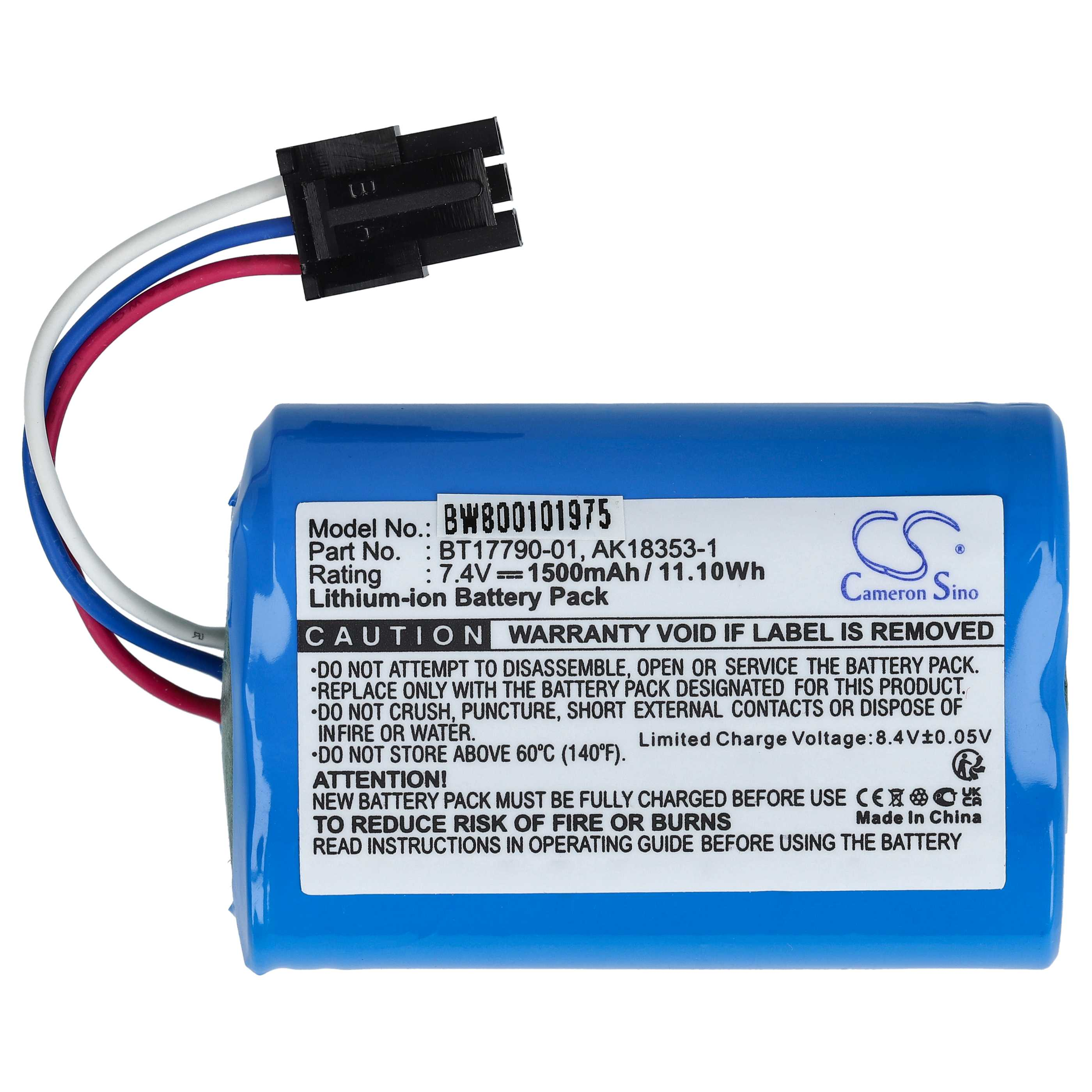 Un pacco batteria blu con un connettore nero e fili. Le etichette di testo includono il modello e gli avvisi di sicurezza.