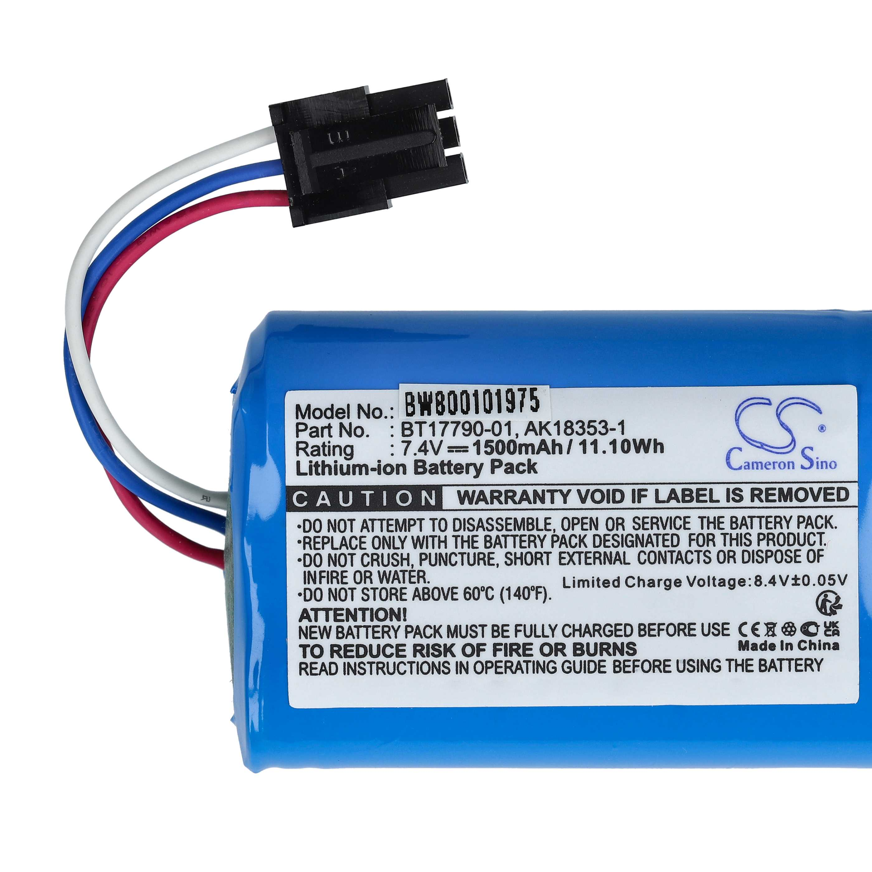 Batteria blu con connettore nero e fili. Il testo dettaglia modello, codice articolo e avvertenze sull'uso.