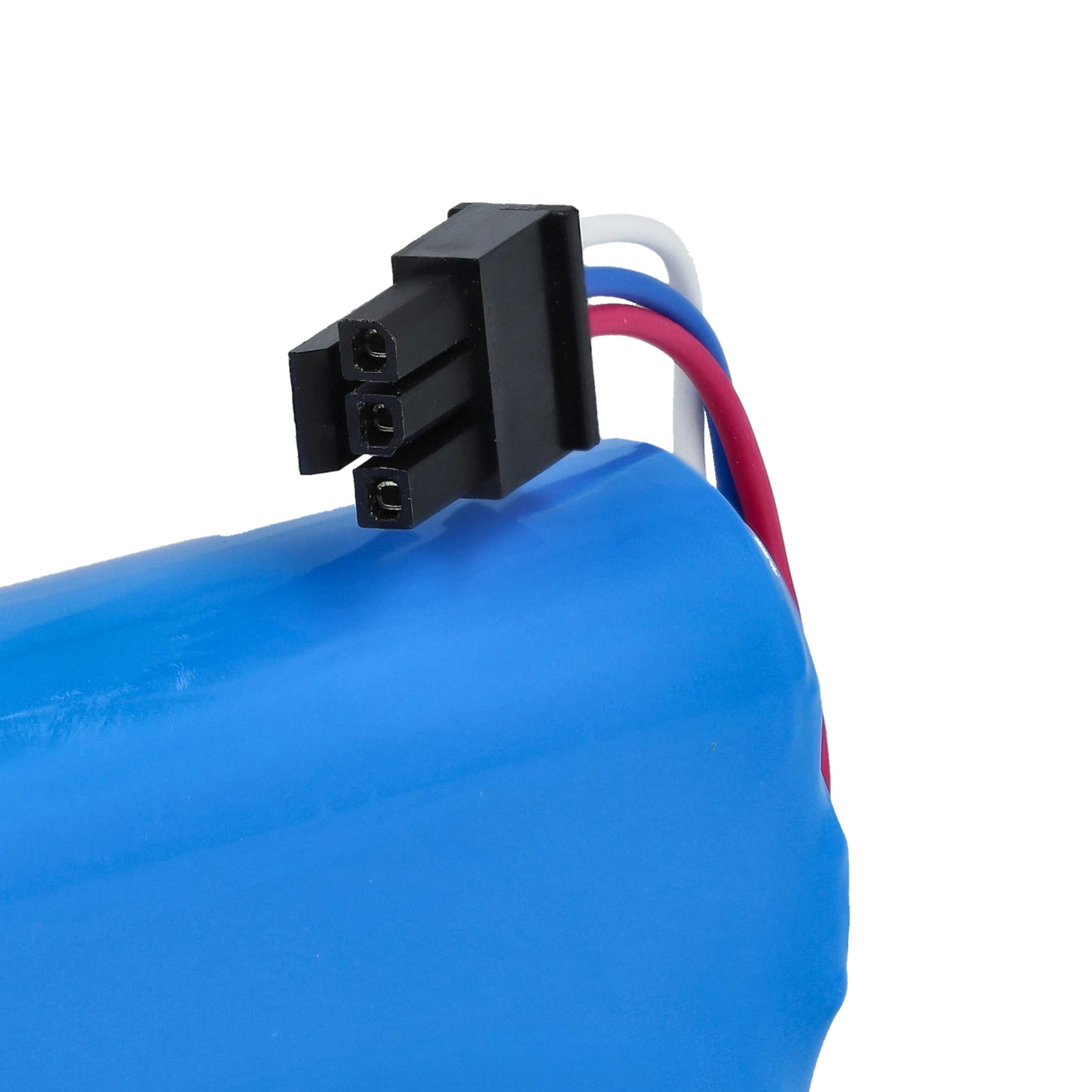 Una batteria blu con un connettore nero e fili rossi, bianchi e blu su sfondo bianco.