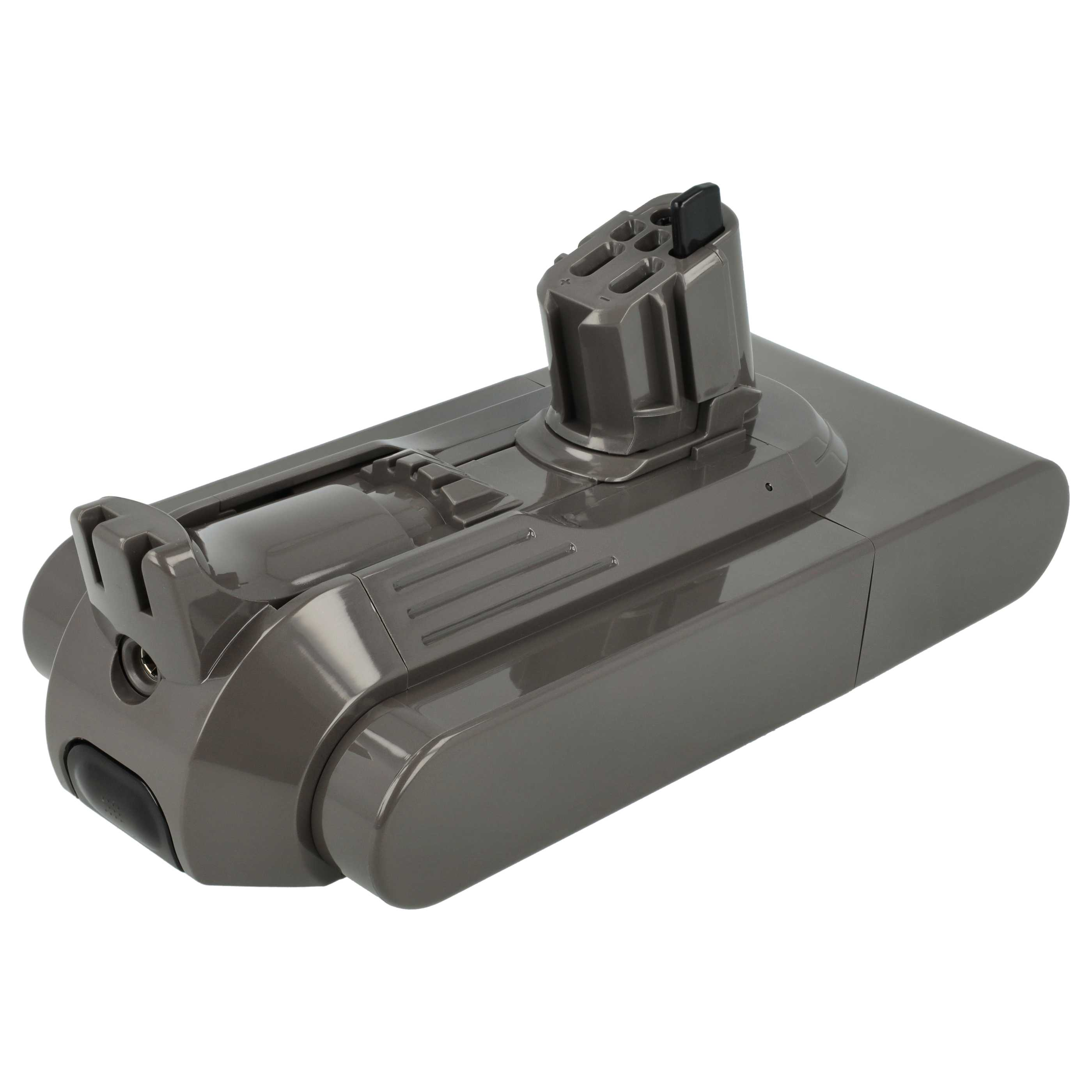 Ein graues Dyson-Akkupack. Es hat eine rechteckige Basis mit einem erhöhten Oberteil und einem schwarzen Knopf.