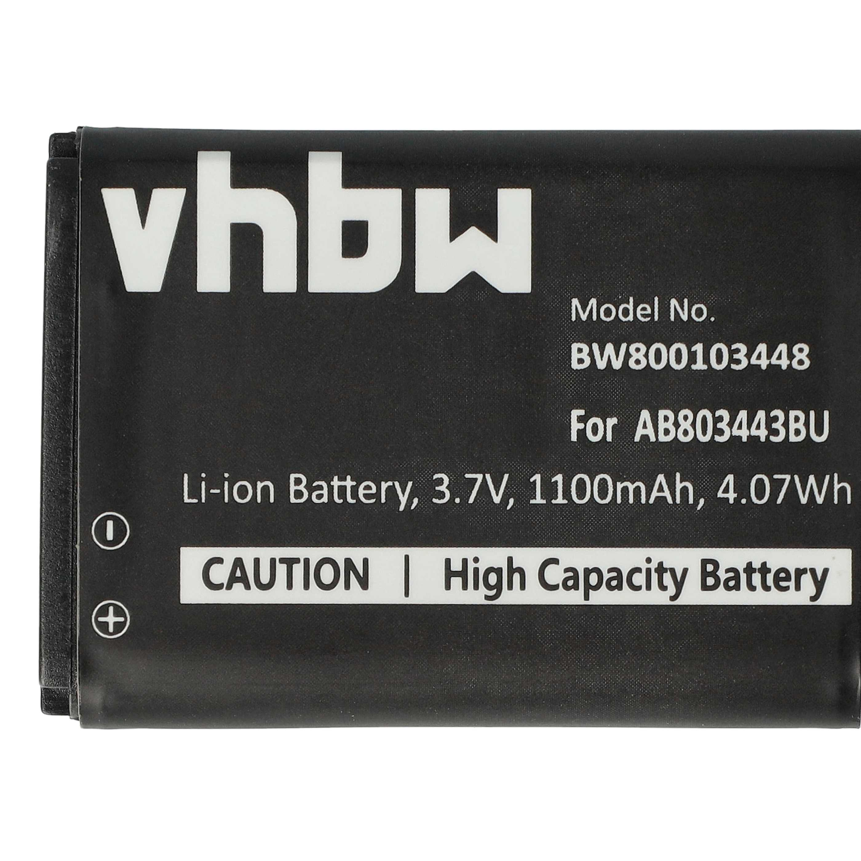 Schwarzer Akku mit weißem Text: 'vhbw', Modelldetails und 'CAUTION | High Capacity Battery'.