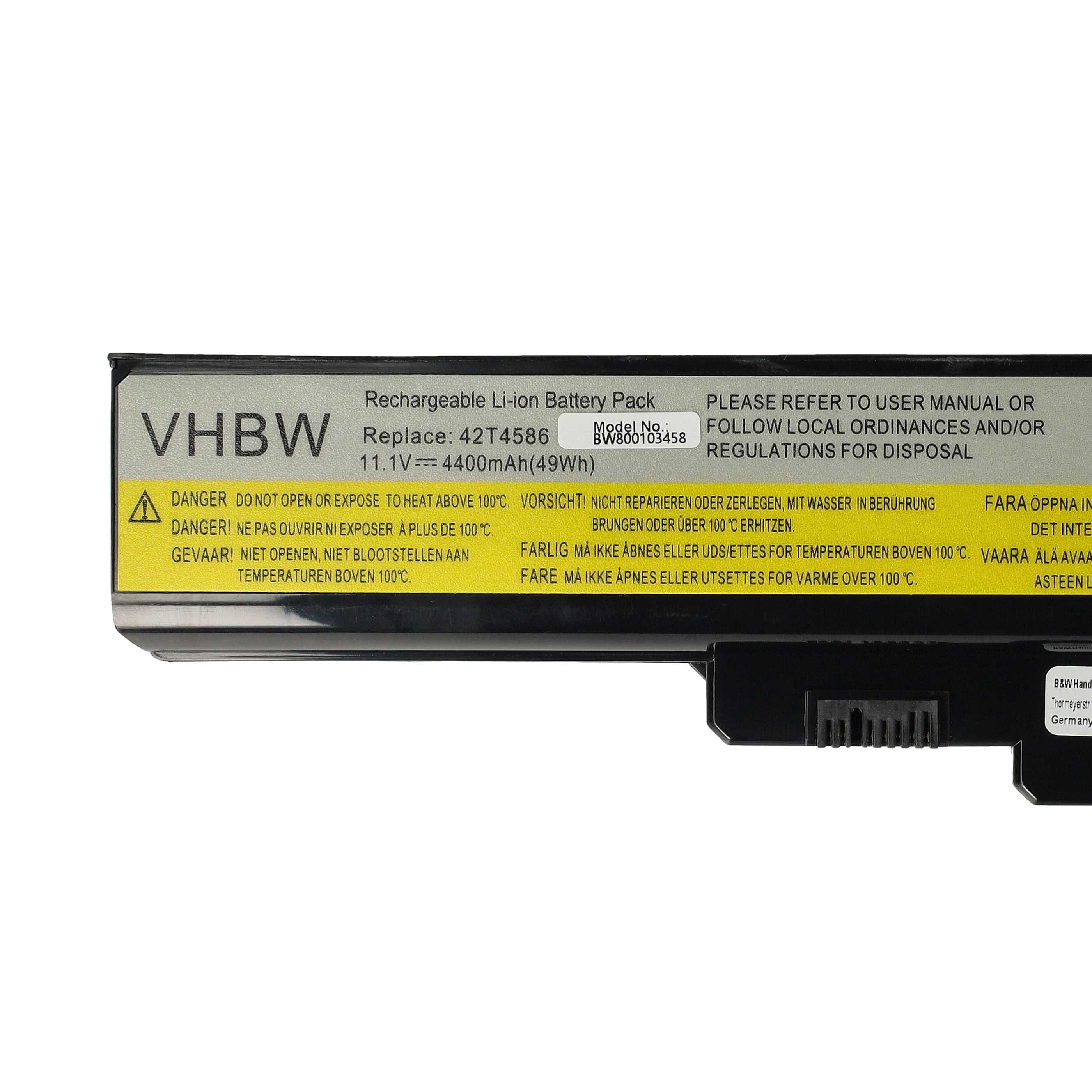 Ein schwarzer und silberner Akku mit Warnhinweisen. Text enthält 'VHBW', 'Rechargeable Li-ion Battery Pack' und Sicherheitshinweise.