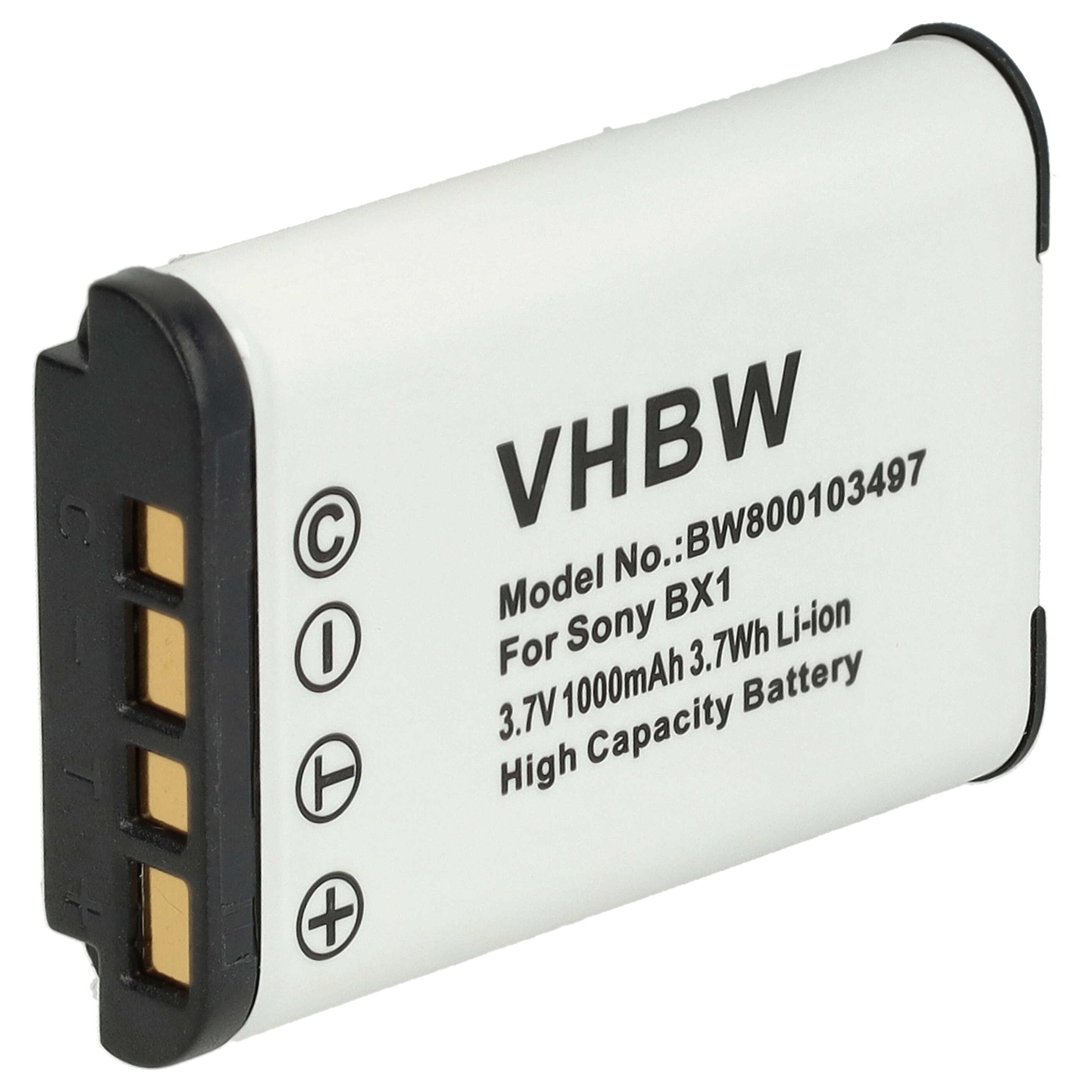 Eine weiße VHBW-Batterie für Sony BX1. Sie hat schwarze Ränder und Details. Der Text auf der Batterie enthält Spezifikationen.