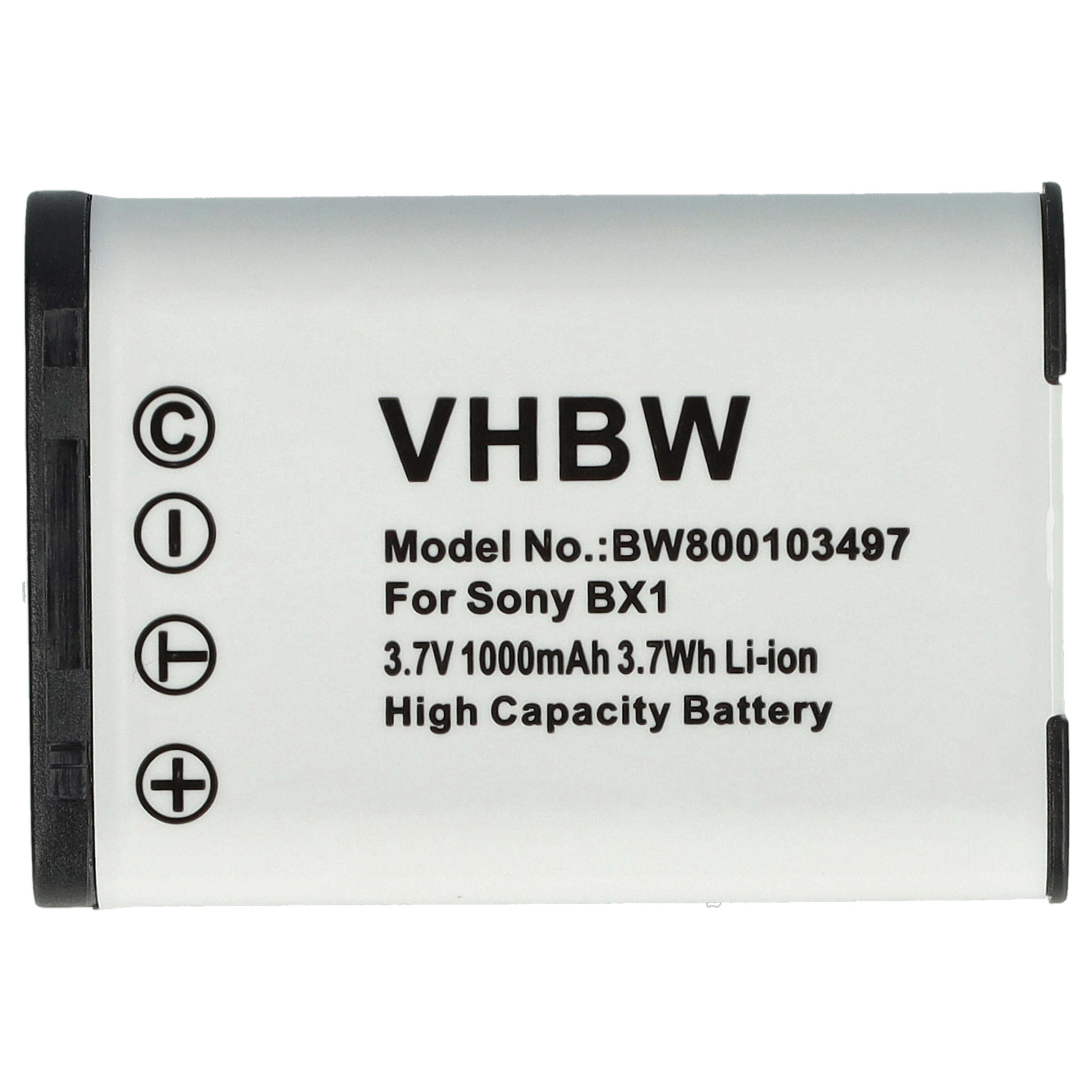 Ein weißer Akku mit schwarzem Text, der VHBW, Modell-Nr. und andere Spezifikationen enthält. Der Akku hat einen schwarzen Rand.