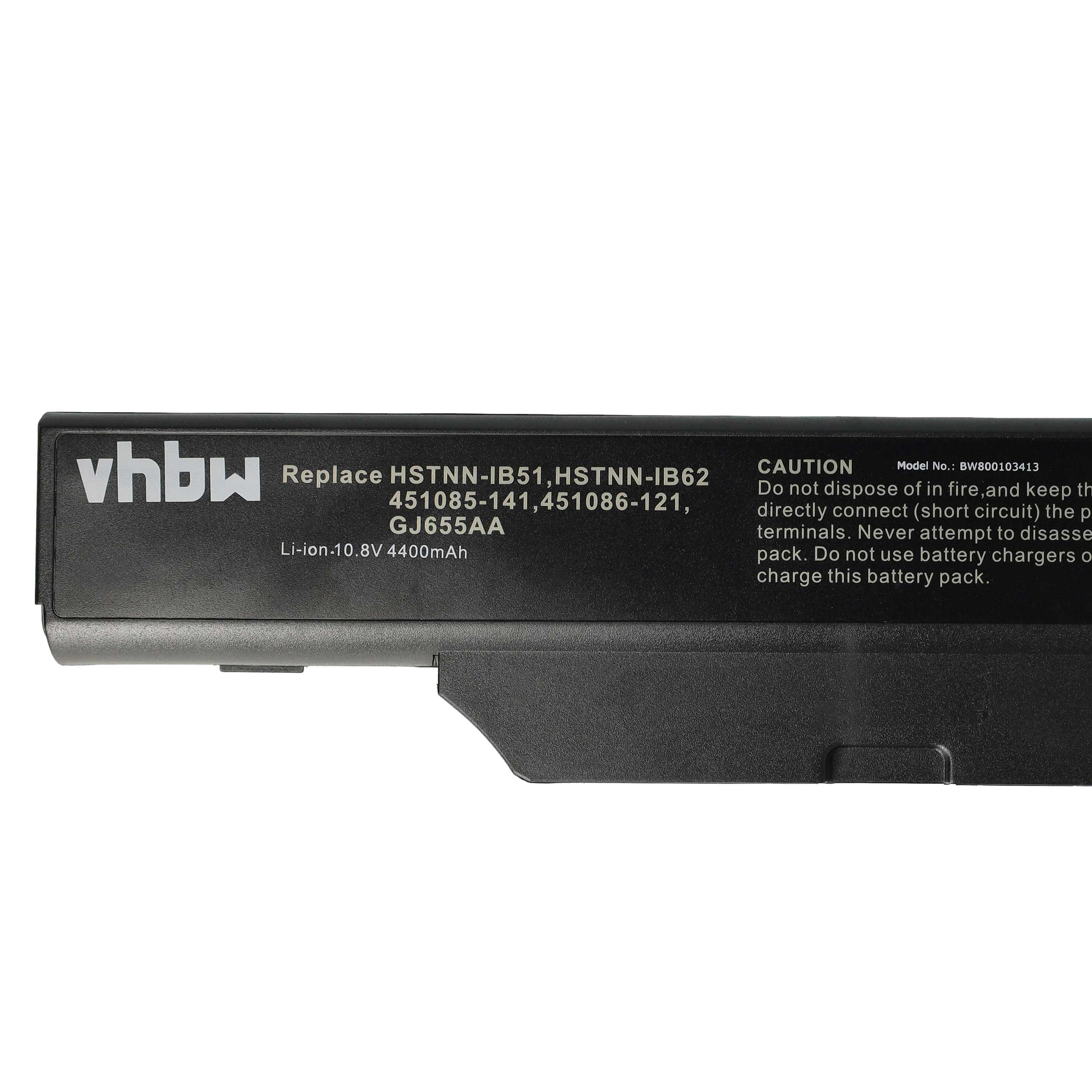 Akkupack mit Text: vhbw, Replace HSTNN-IB51, HSTNN-IB62, Vorsicht und Modellnummer. Schwarz mit weißem Text.