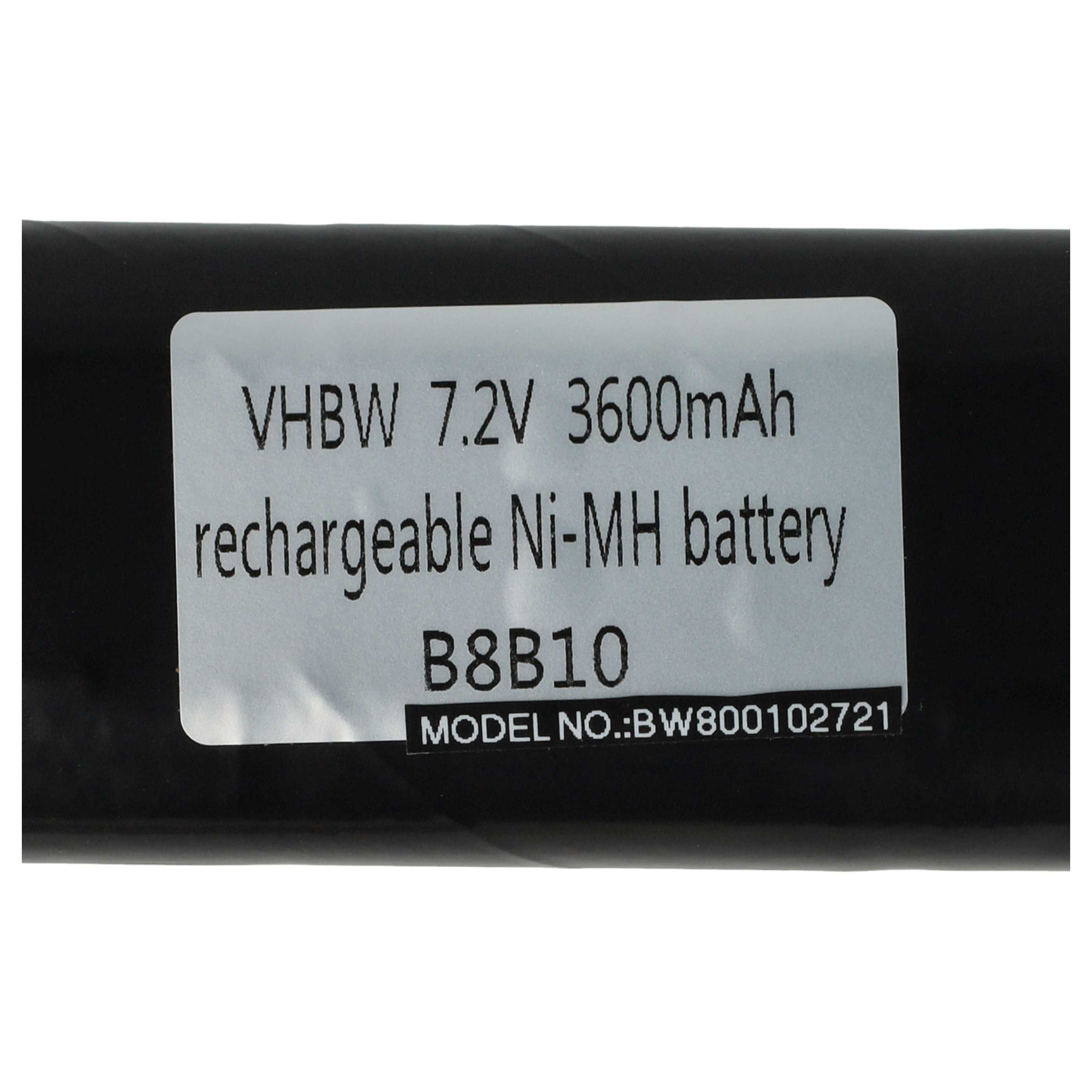 Ein schwarzer Akku mit einem weißen Etikett mit der Aufschrift: VHBW 7,2 V 3600 mAh, wiederaufladbarer Ni-MH-Akku und Modellnummer.