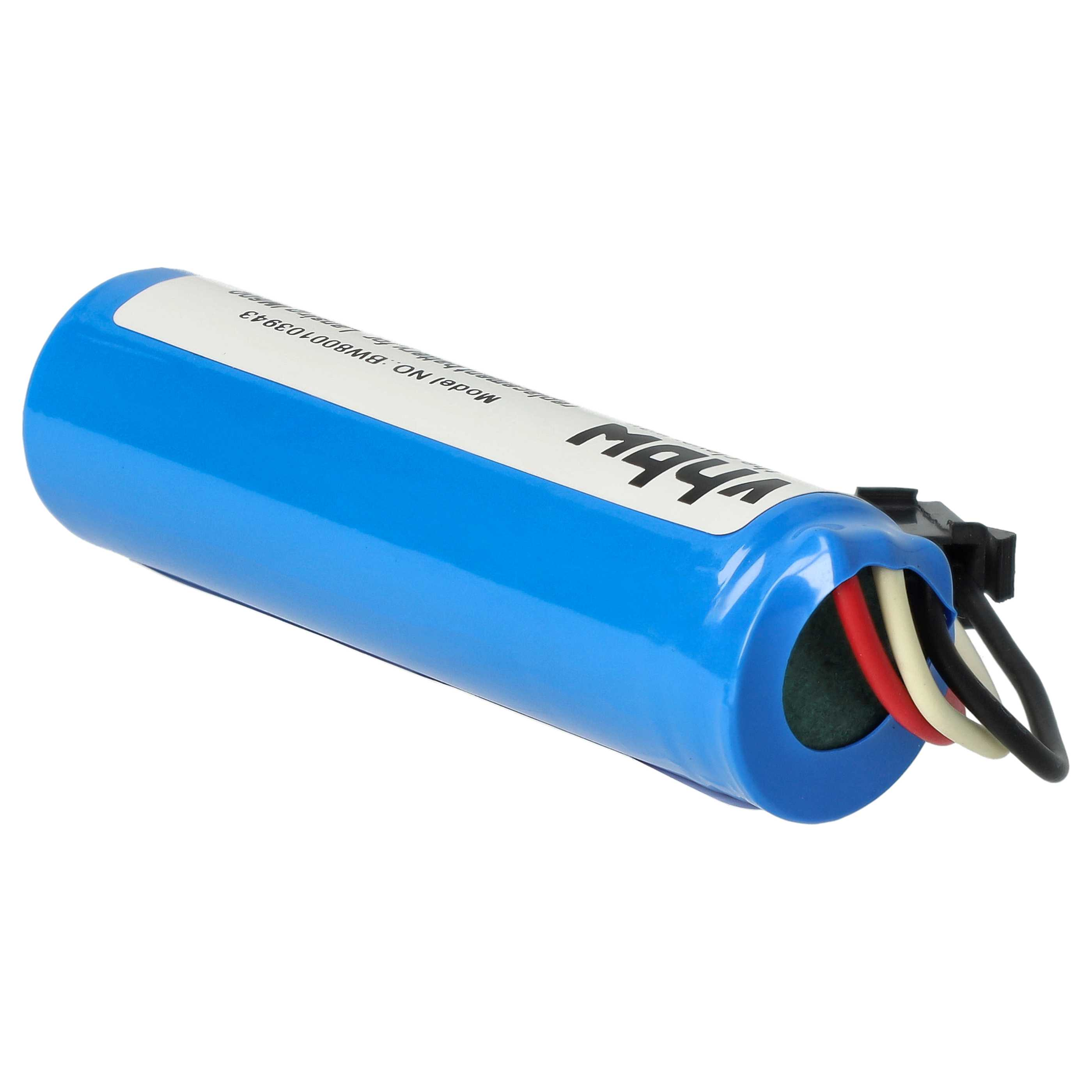 Eine blaue zylindrische Batterie mit Drähten. Sie hat ein weißes Etikett und Drähte in Schwarz, Rot und Weiß.