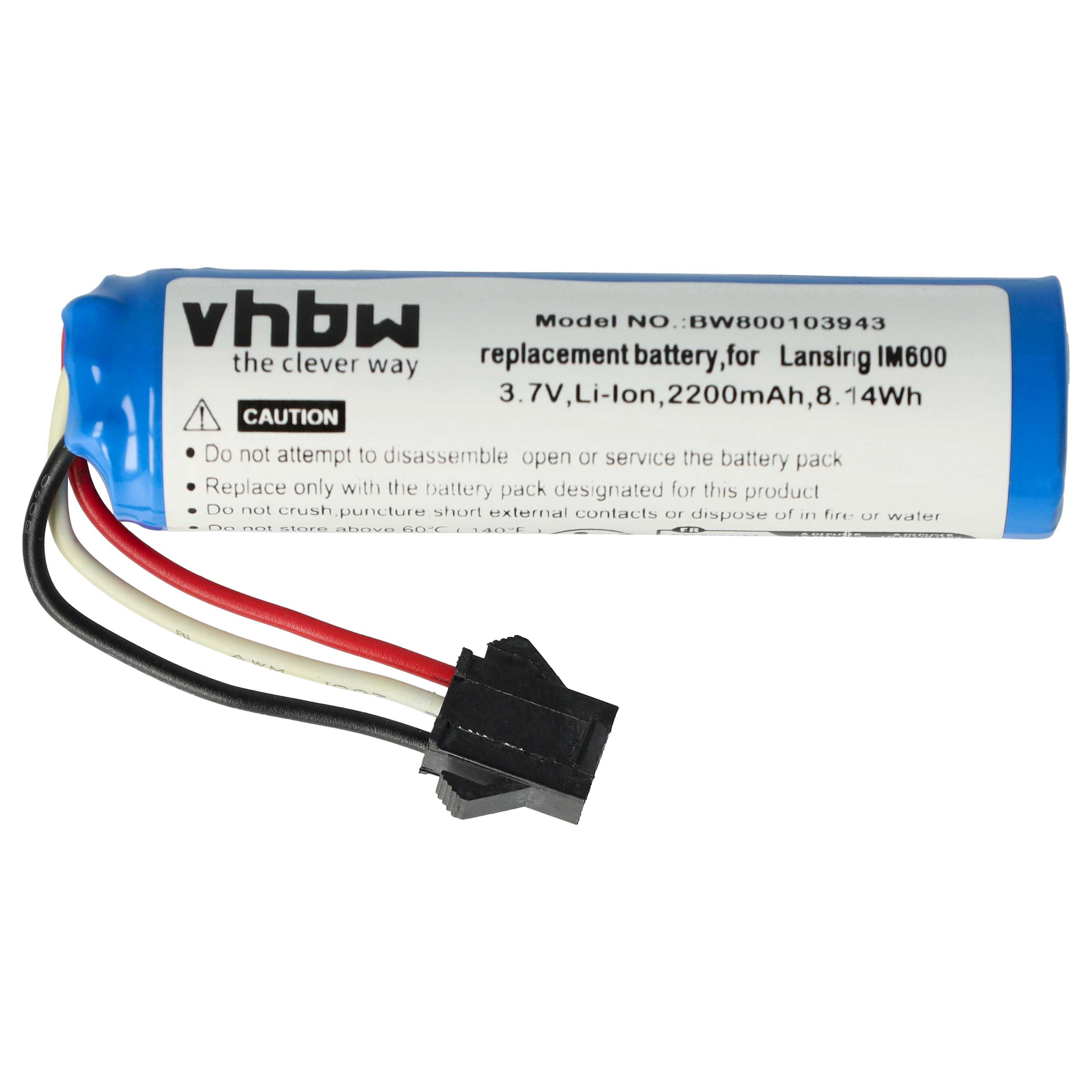 Ein blau-weißer Akku mit schwarzen, weißen und roten Drähten und einem schwarzen Stecker. Text auf dem Akku gibt Details an.