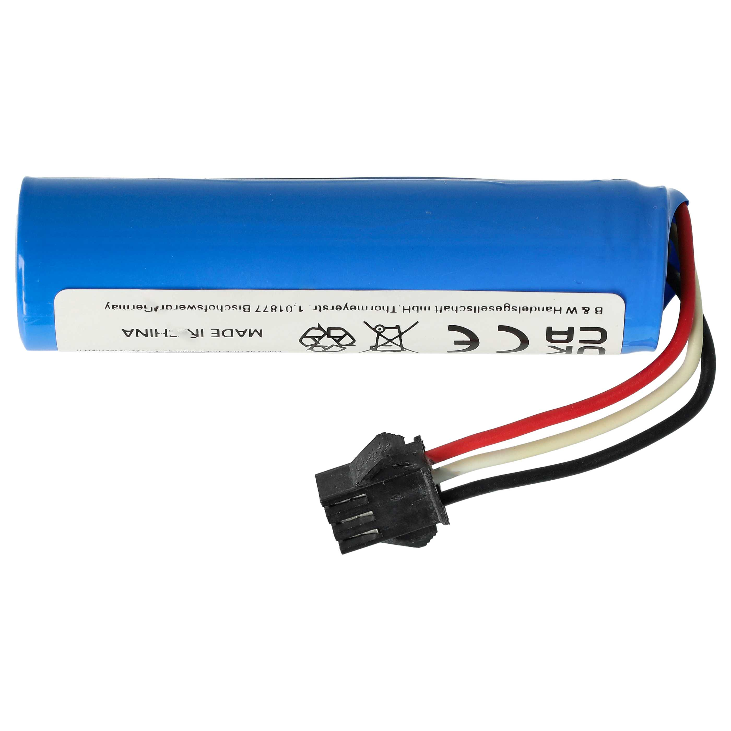Eine blaue Batterie mit weißem Etikett, schwarzem Stecker und roten, weißen und schwarzen Drähten.