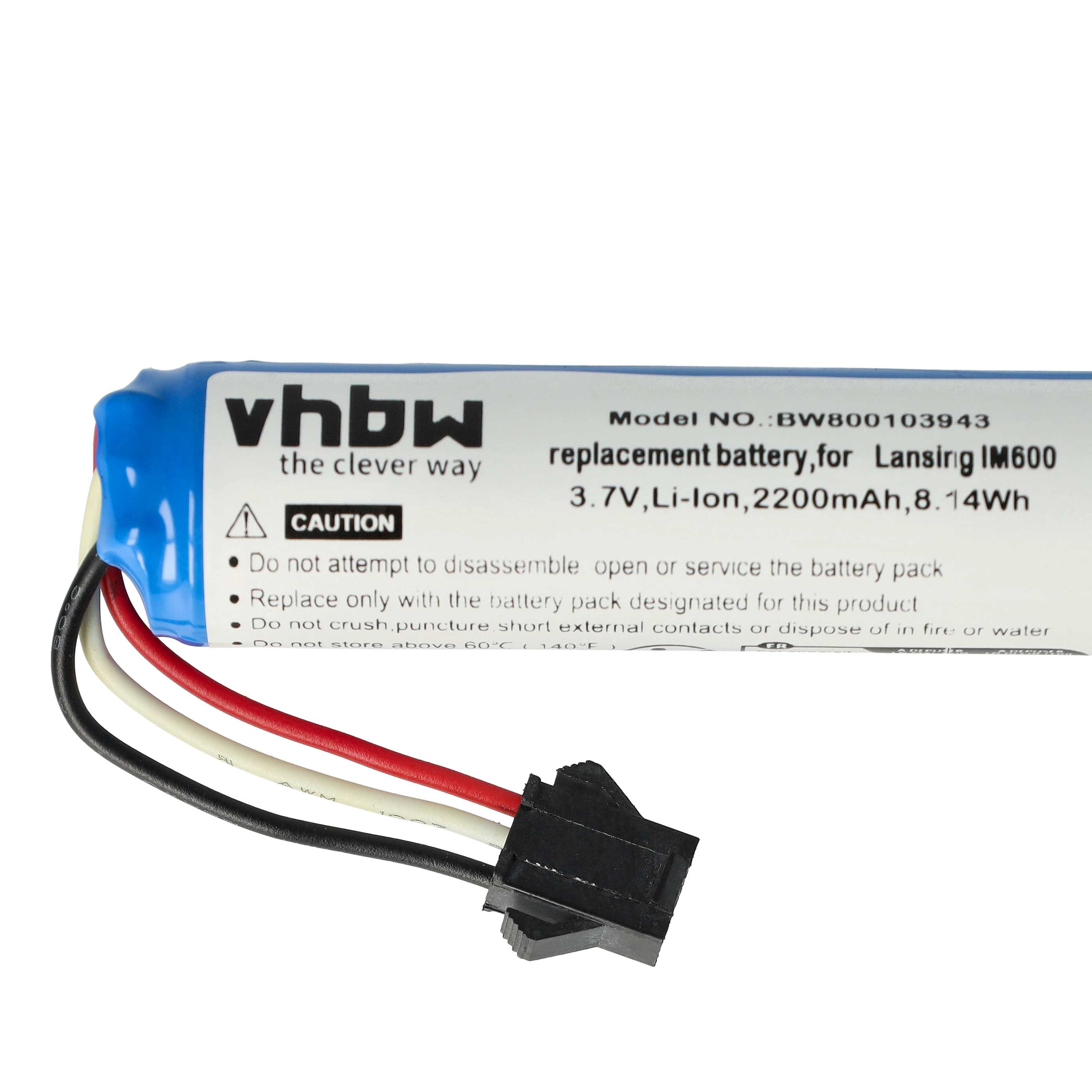 Ein Akku mit blauem Oberteil, weißem Etikett und schwarzem Stecker. Auf dem Etikett steht 'vhbw' und 'Ersatzbatterie'.