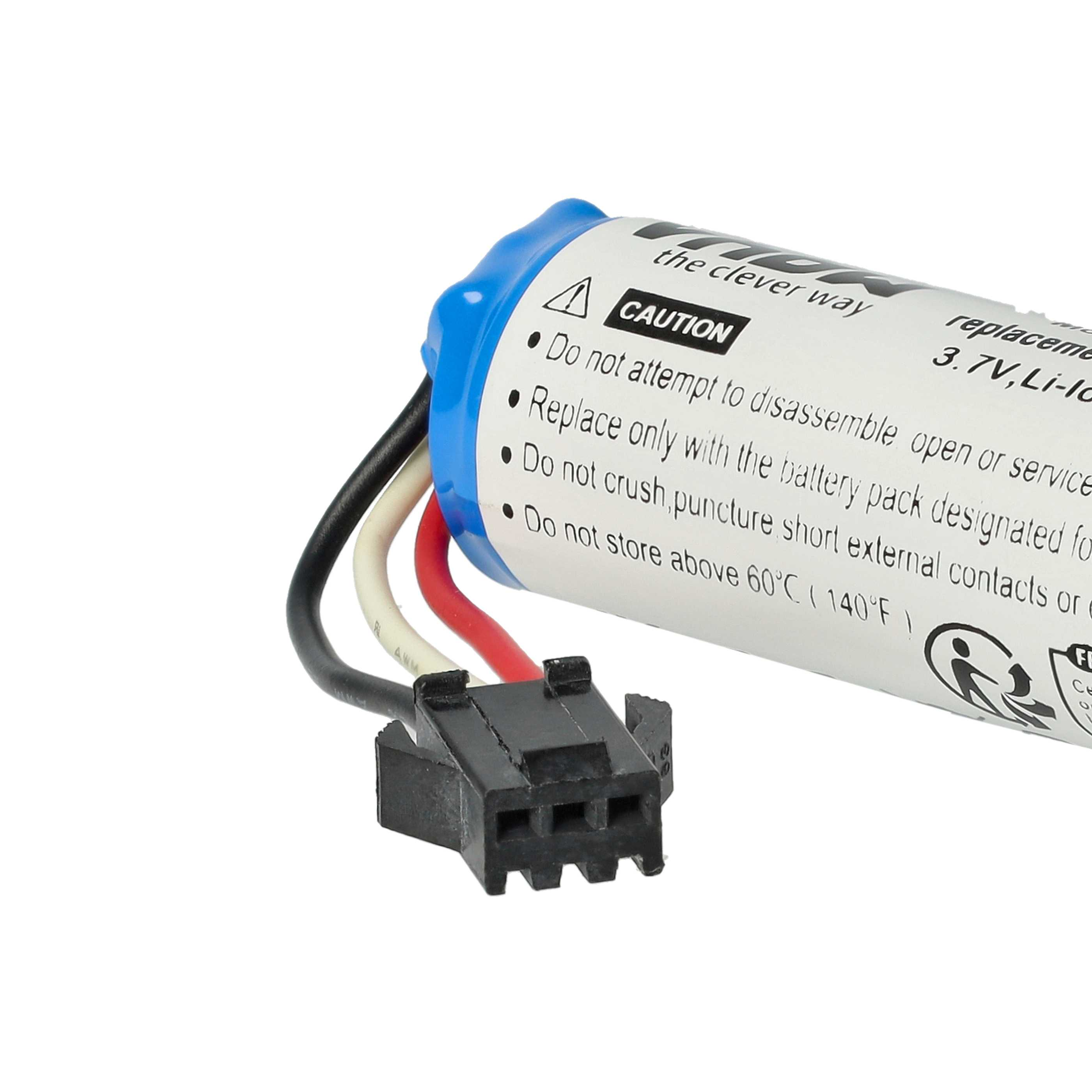 Nahaufnahme einer Batterie mit schwarzen, weißen und roten Drähten. Ein schwarzer Stecker ist angebracht, und die Batterie hat ein blaues Ende.