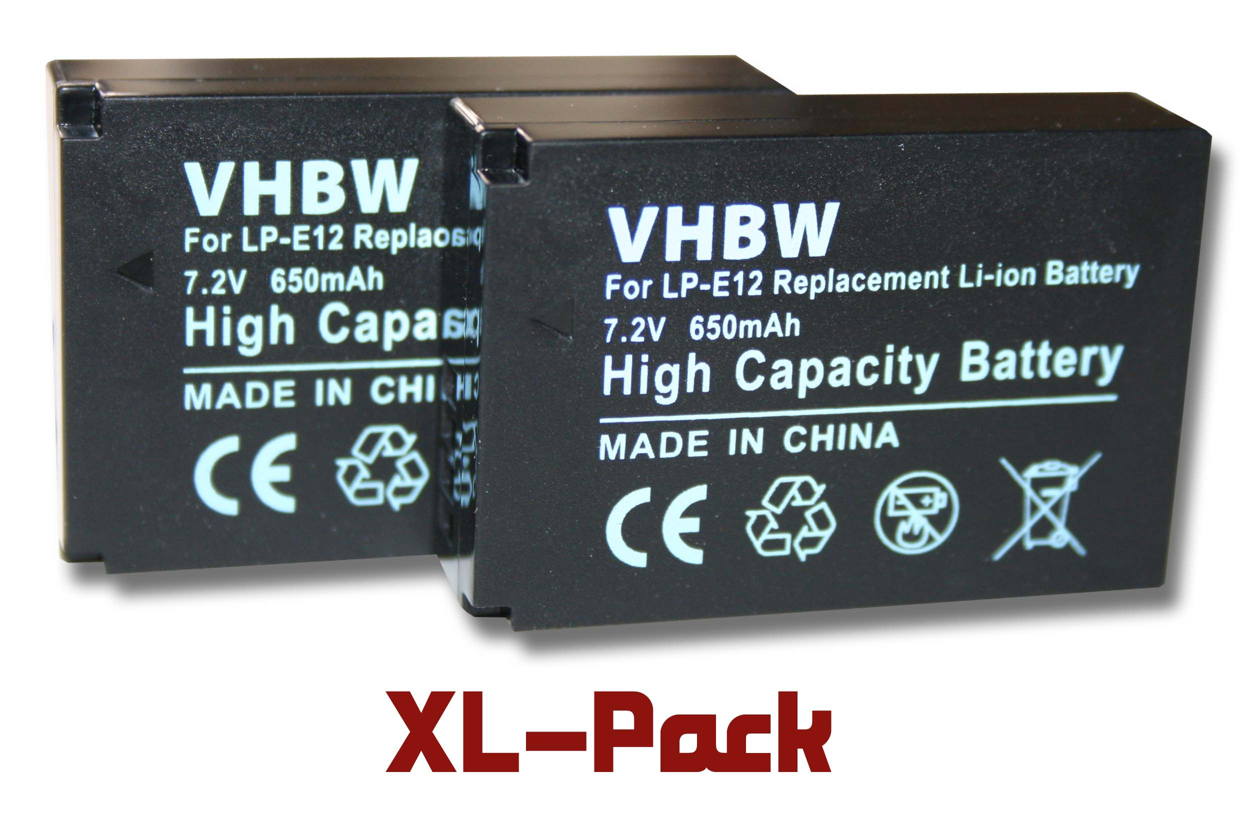 Zwei schwarze Batterien mit weißem Text. Auf ihnen steht "VHBW", "High Capacity Battery" und "7.2V 650mAh". Text "XL-Pack".