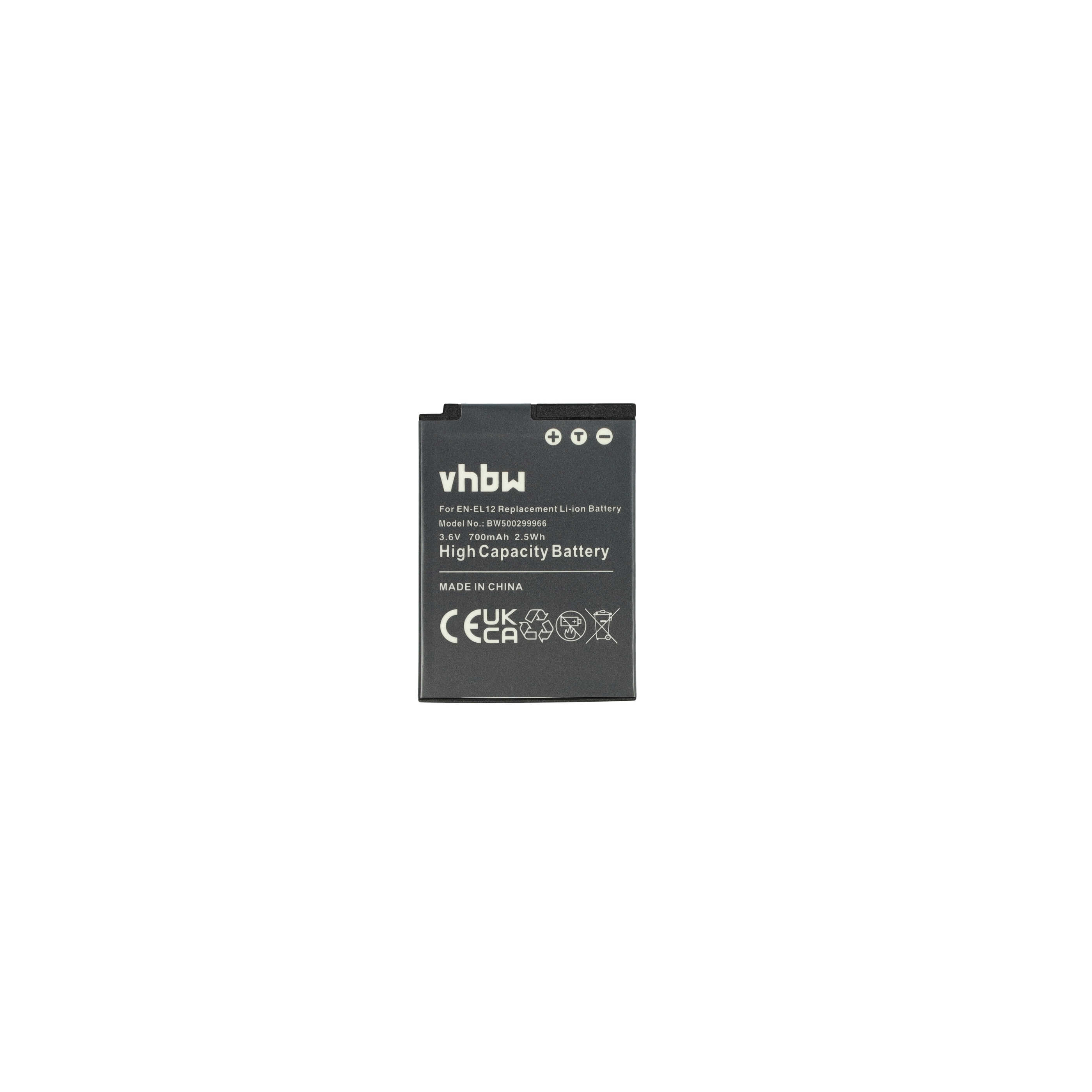 Ein schwarzer Akku mit weißem Text, Markenname 'vhbw'. Text enthält 'High Capacity Battery' und 'Made in China'.