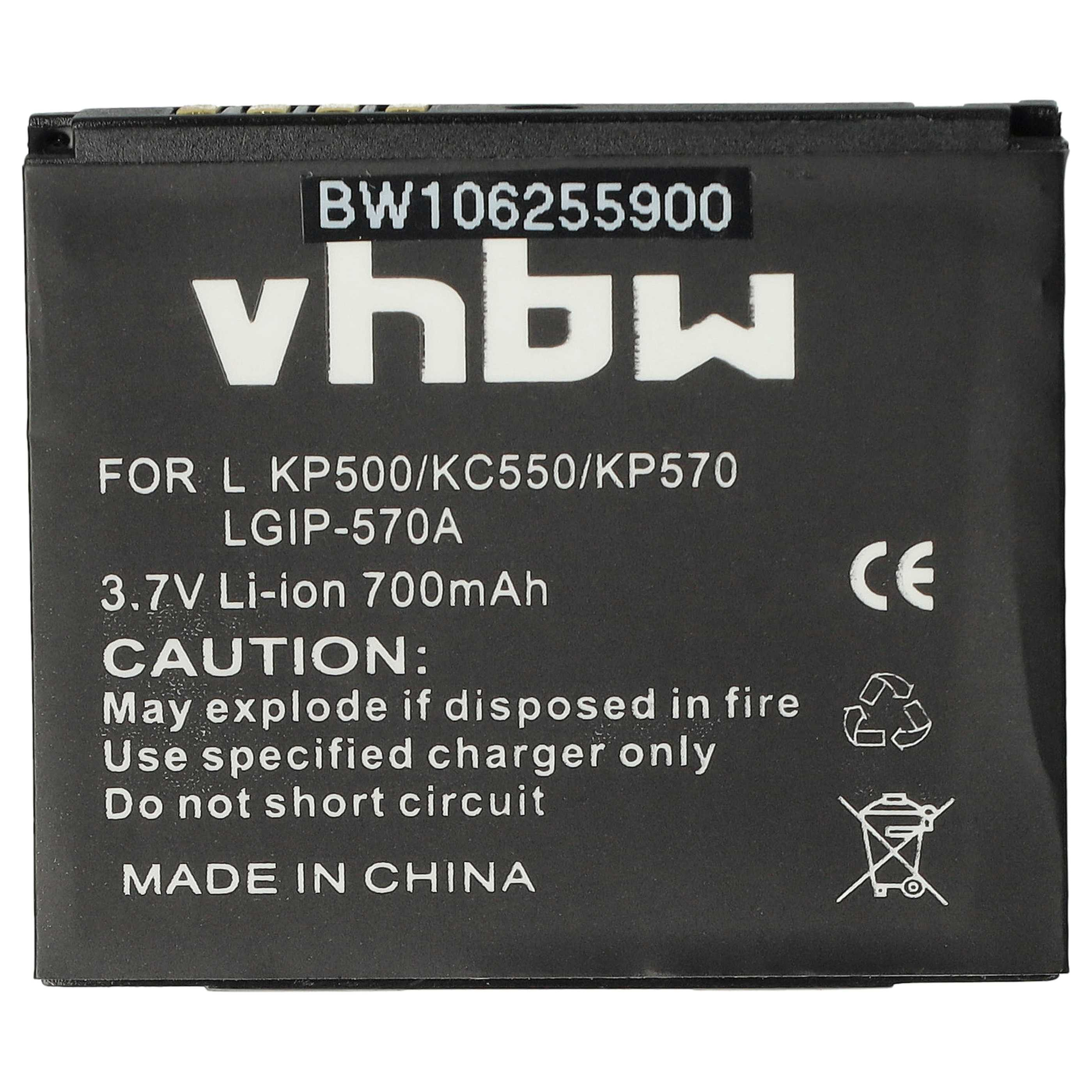 Ein schwarzer Telefonakku mit weißem Text. Es steht 'vhbw', '3,7V Li-Ion' und 'Made in China'. Es gibt Warnsymbole.