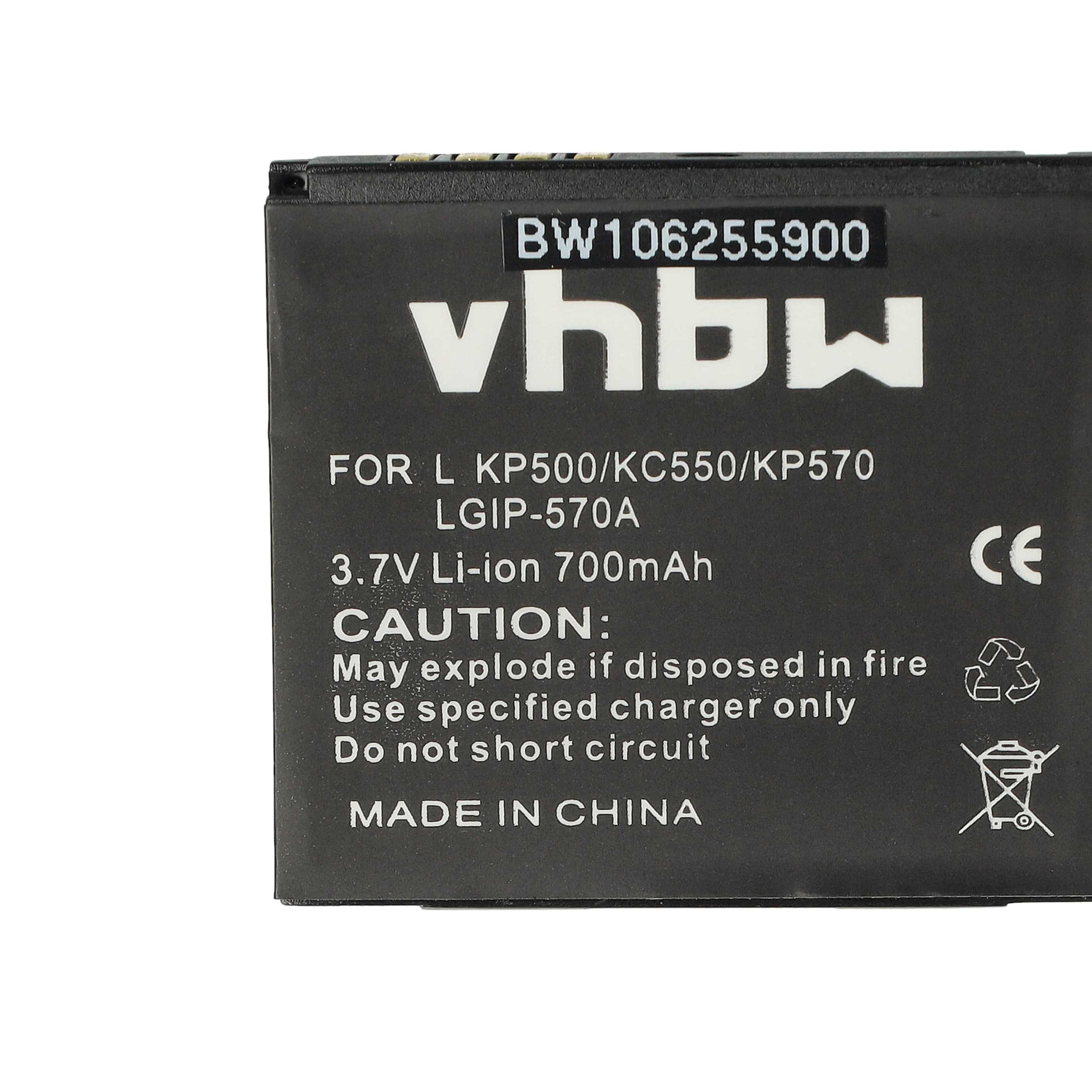 Ein schwarzes Batterieetikett mit weißem Text. Es lautet: vhbw, 3,7 V Li-Ion, Vorsicht und hergestellt in China. Es gibt Recycling-Symbole.