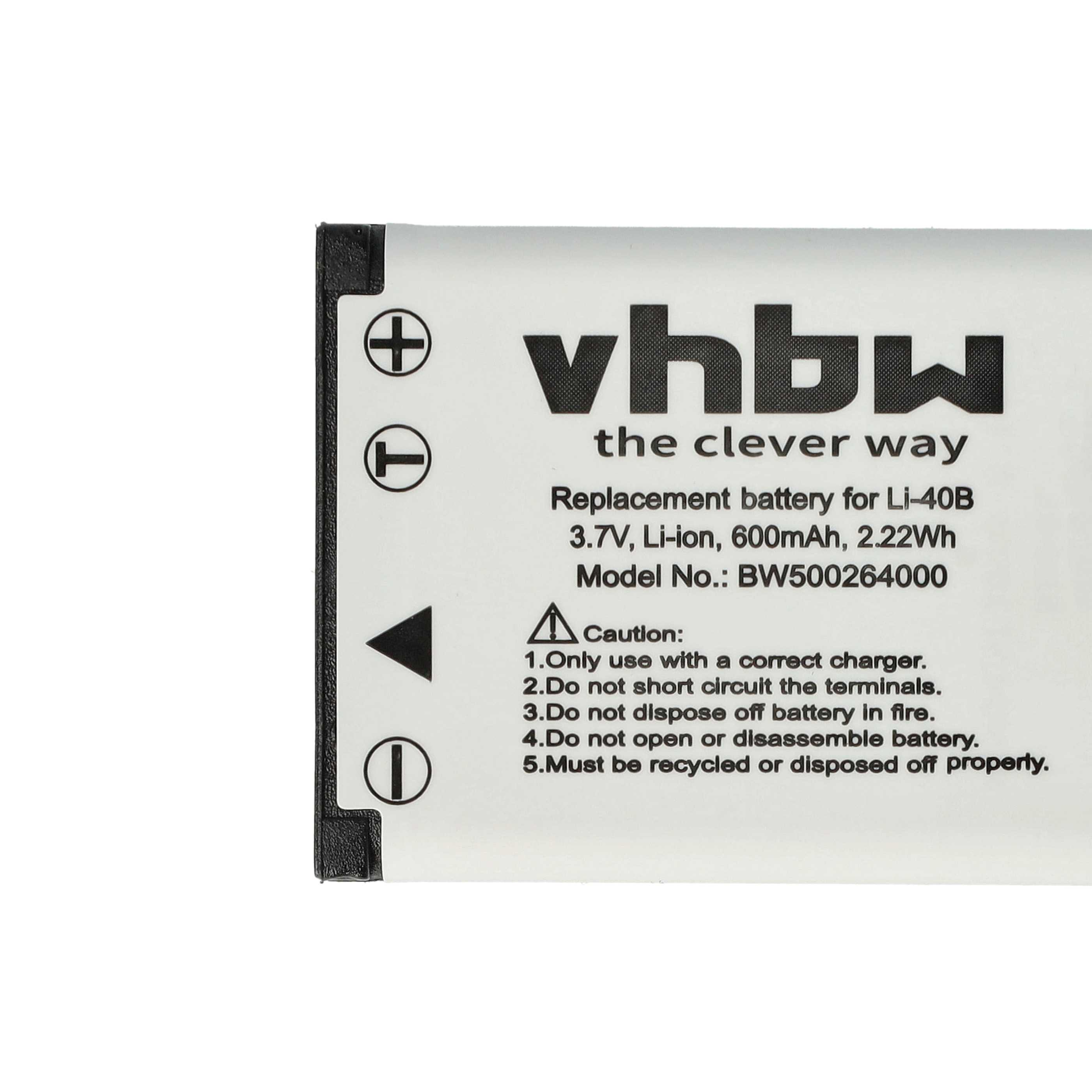 Ein weißer Akku mit schwarzem Text: vhbw, the clever way, und ein Vorsichtsbereich mit Sicherheitshinweisen.