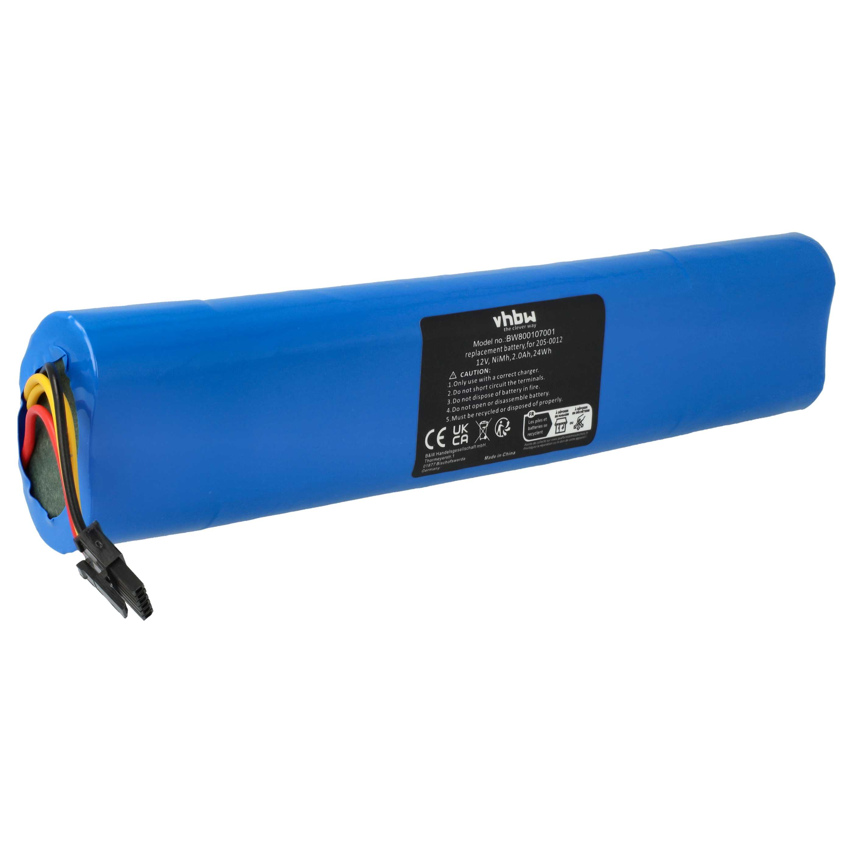 Blaue zylindrische Batterie mit Drähten und einem schwarzen Stecker. Es hat ein Etikett mit Text und Warnhinweisen.