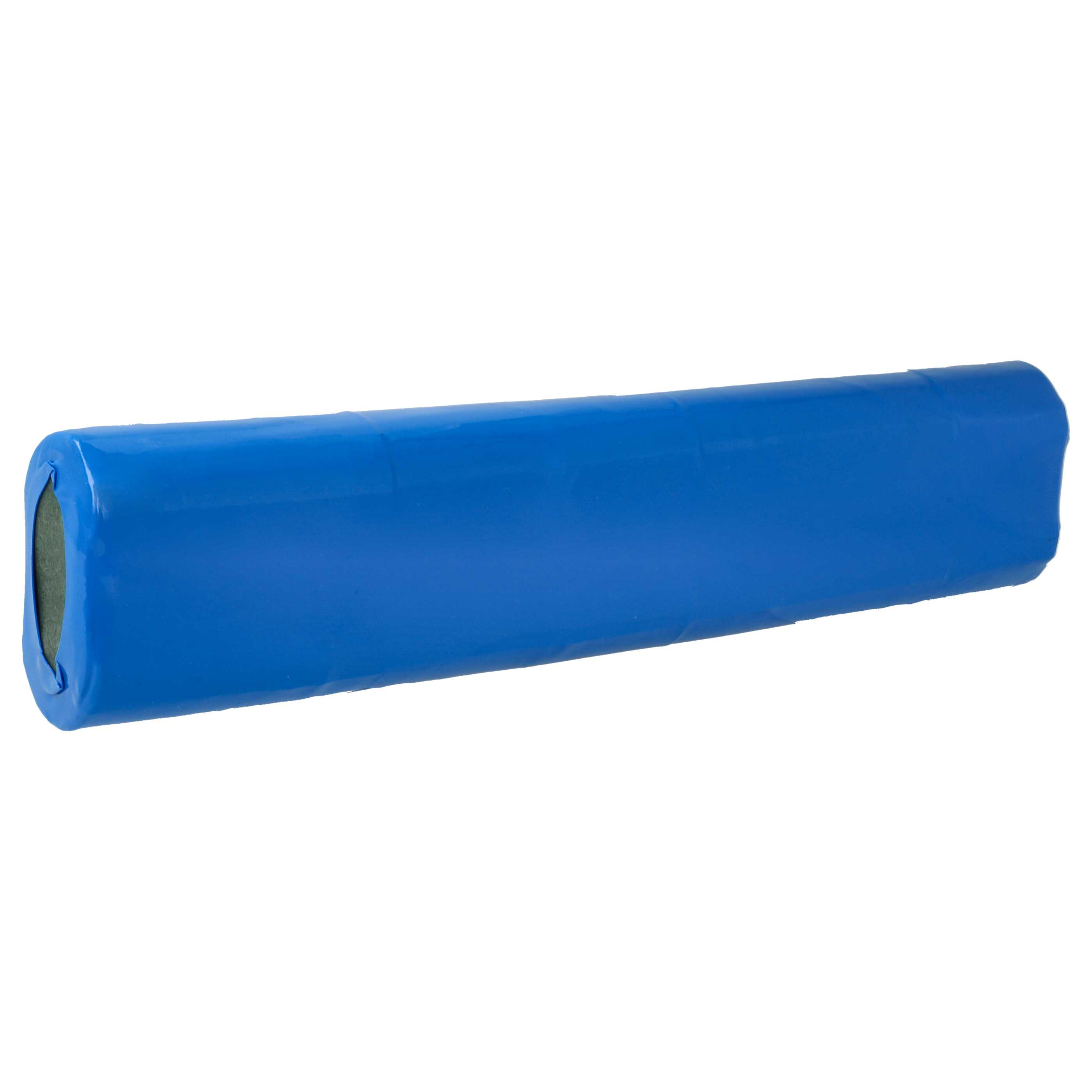 Ein blaues, zylindrisches Objekt, wahrscheinlich eine Batterie, ist vor einem weißen Hintergrund zentriert. Die Enden sind dunkelgrün.
