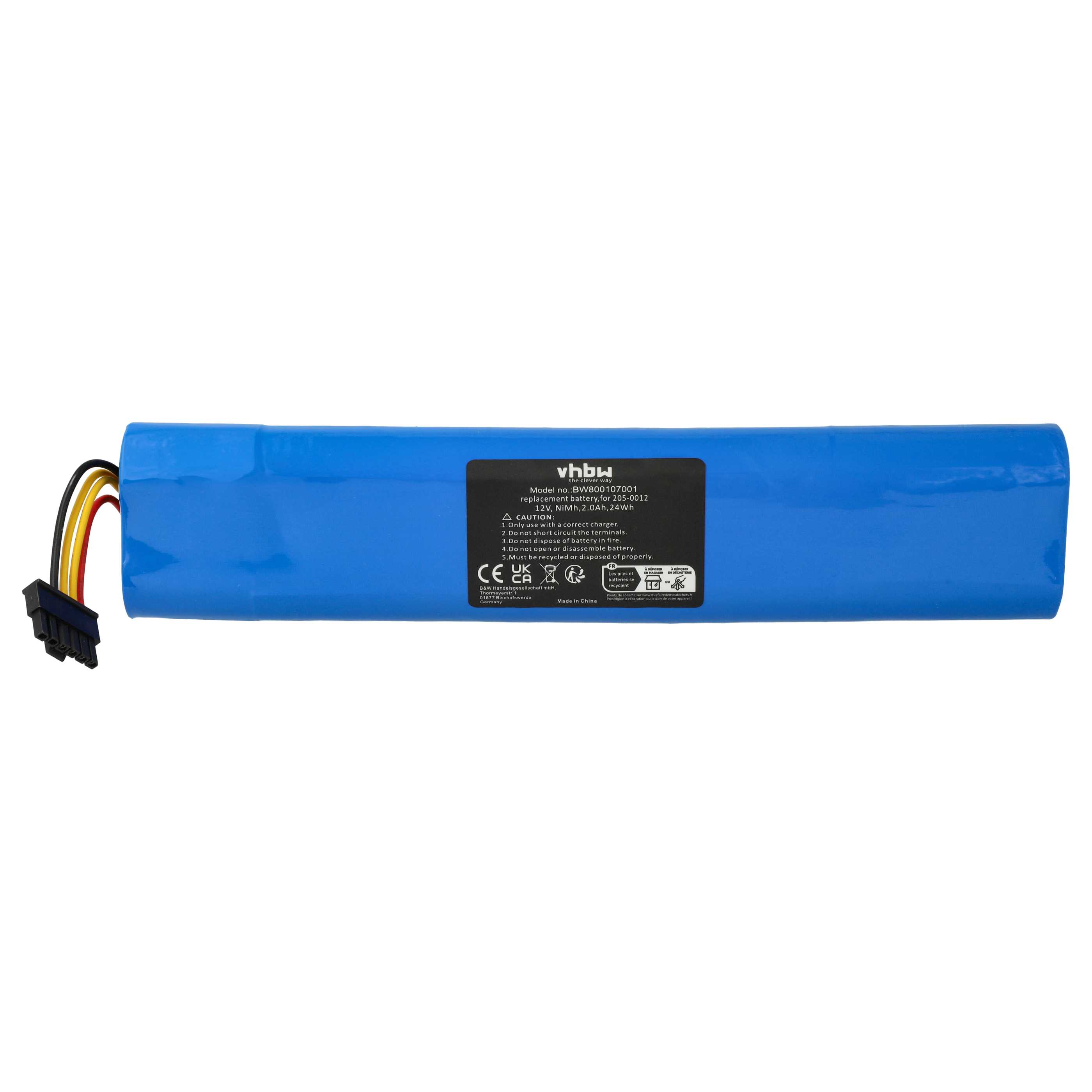Ein blaues Batteriepack mit schwarzem Stecker und farbigen Drähten. Auf der Batterie befindet sich ein Etikett mit Warnhinweisen und Spezifikationen.