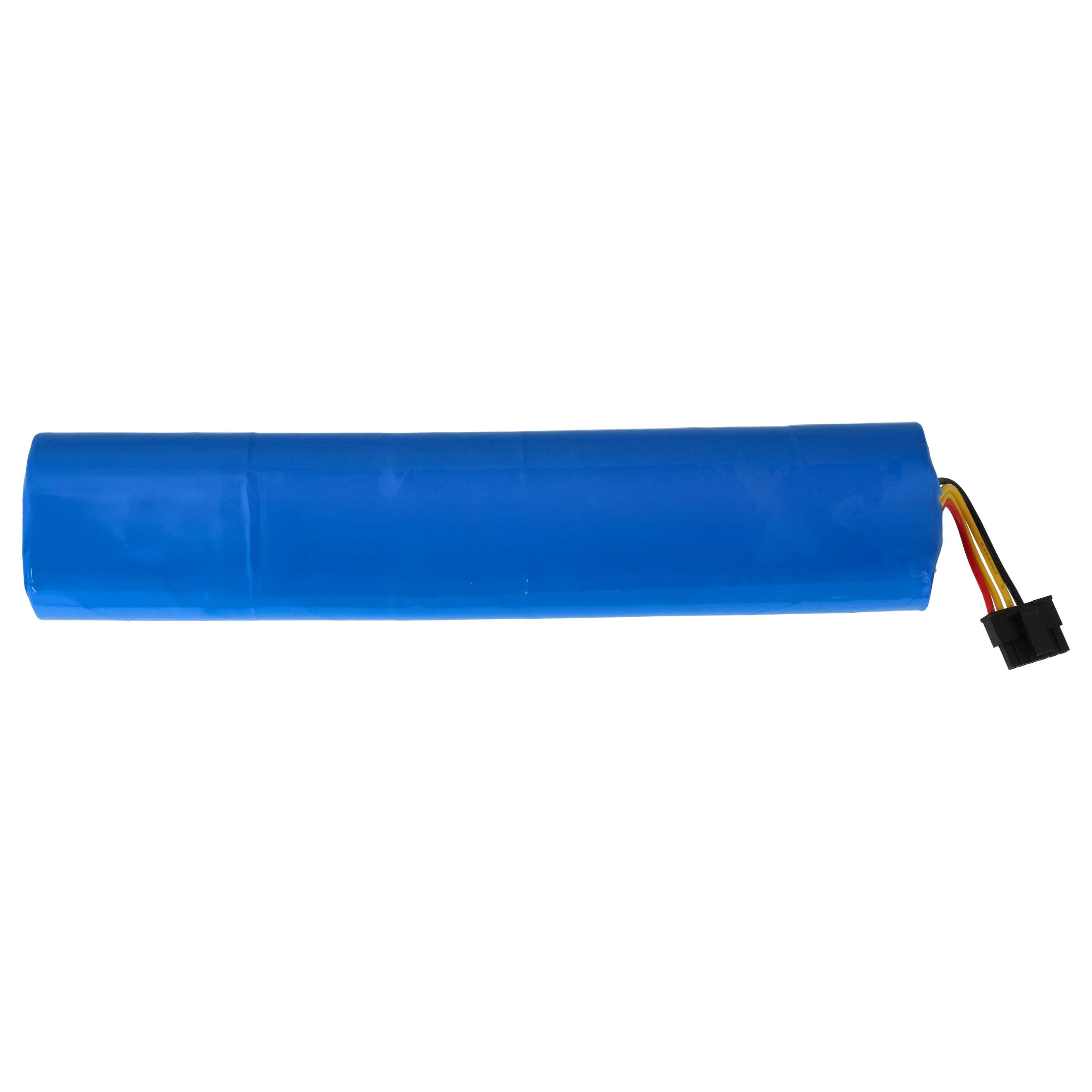 Eine blaue zylindrische Batterie mit farbigen Drähten und einem schwarzen Stecker auf weißem Hintergrund.