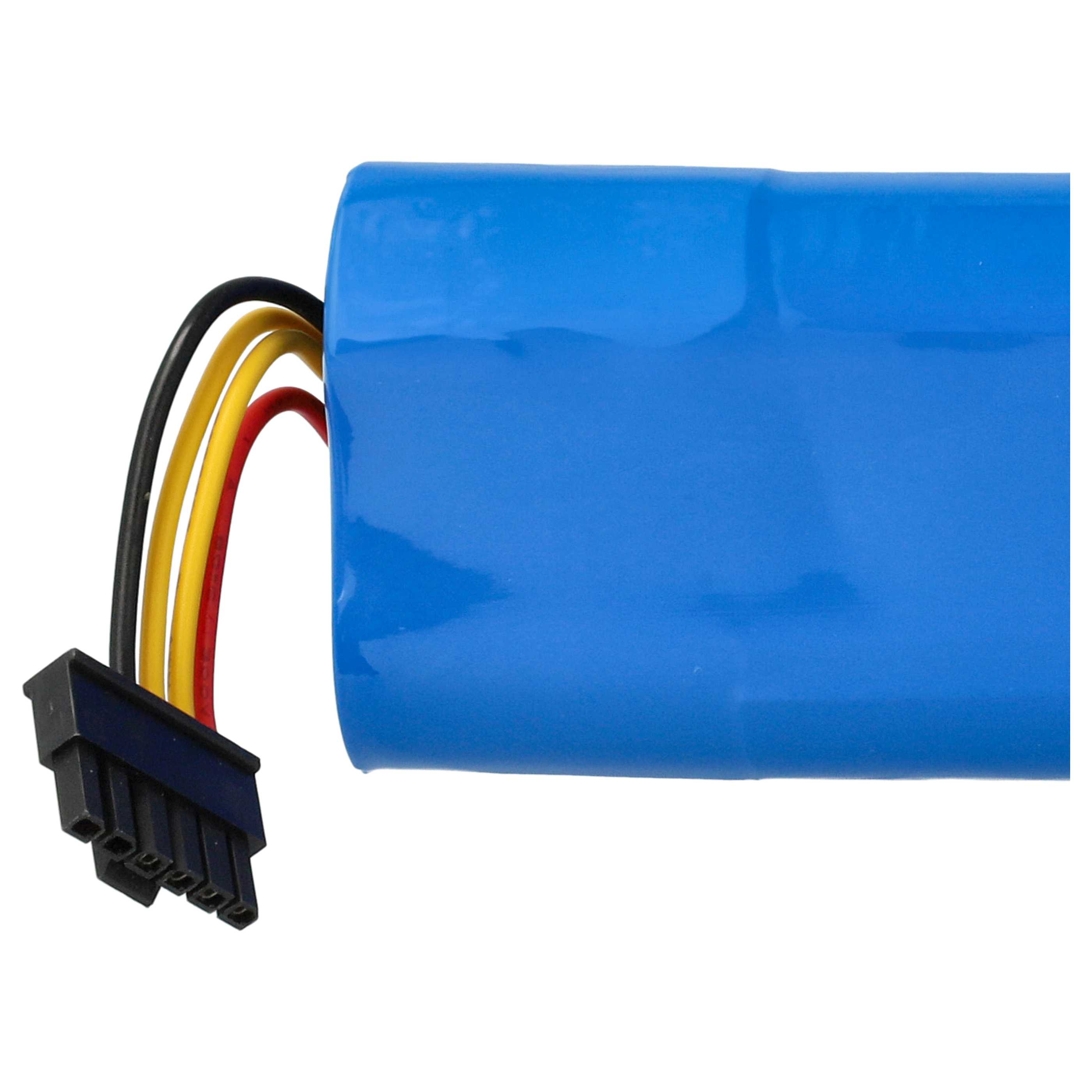 Ein blaues zylindrisches Objekt mit einem schwarzen Stecker und schwarzen, gelben und roten Drähten. Weißer Hintergrund.