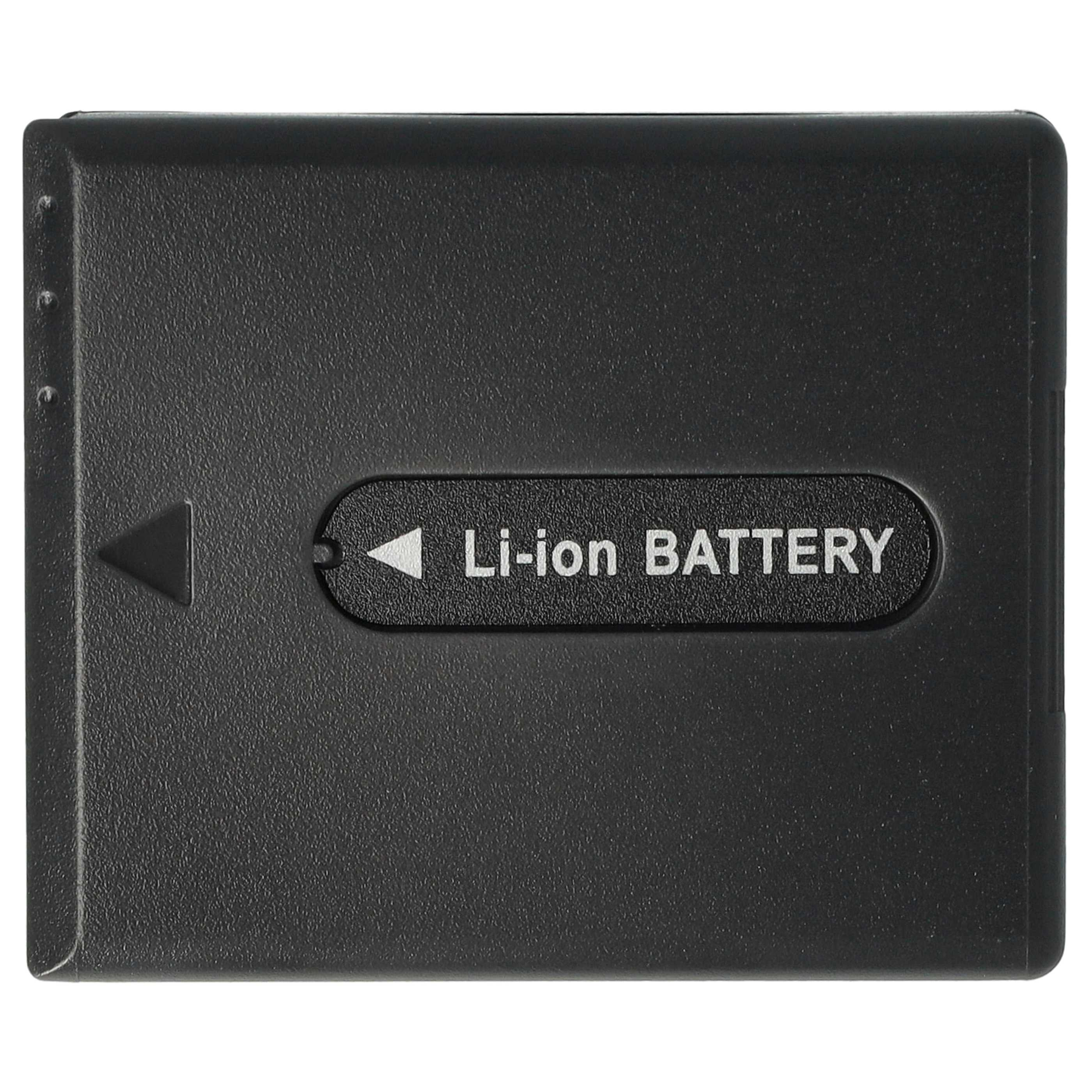 Ein schwarzer Li-Ionen-Akku mit weißem Text. Er hat ein dreieckiges Symbol und eine Aufschrift 'Li-ion BATTERY'.