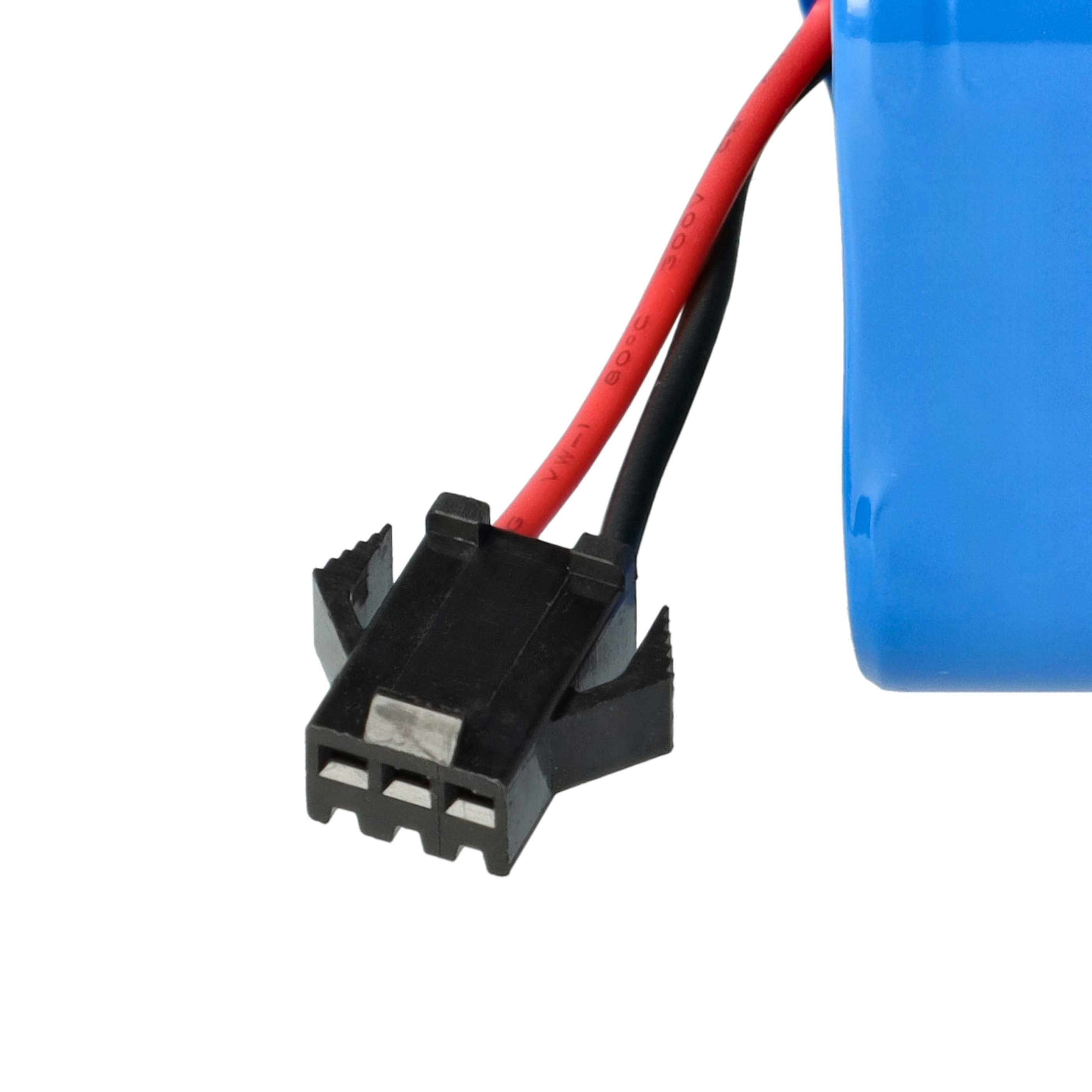 Ein schwarzer Stecker mit drei Stiften und roten und schwarzen Drähten vor blauem Hintergrund.
