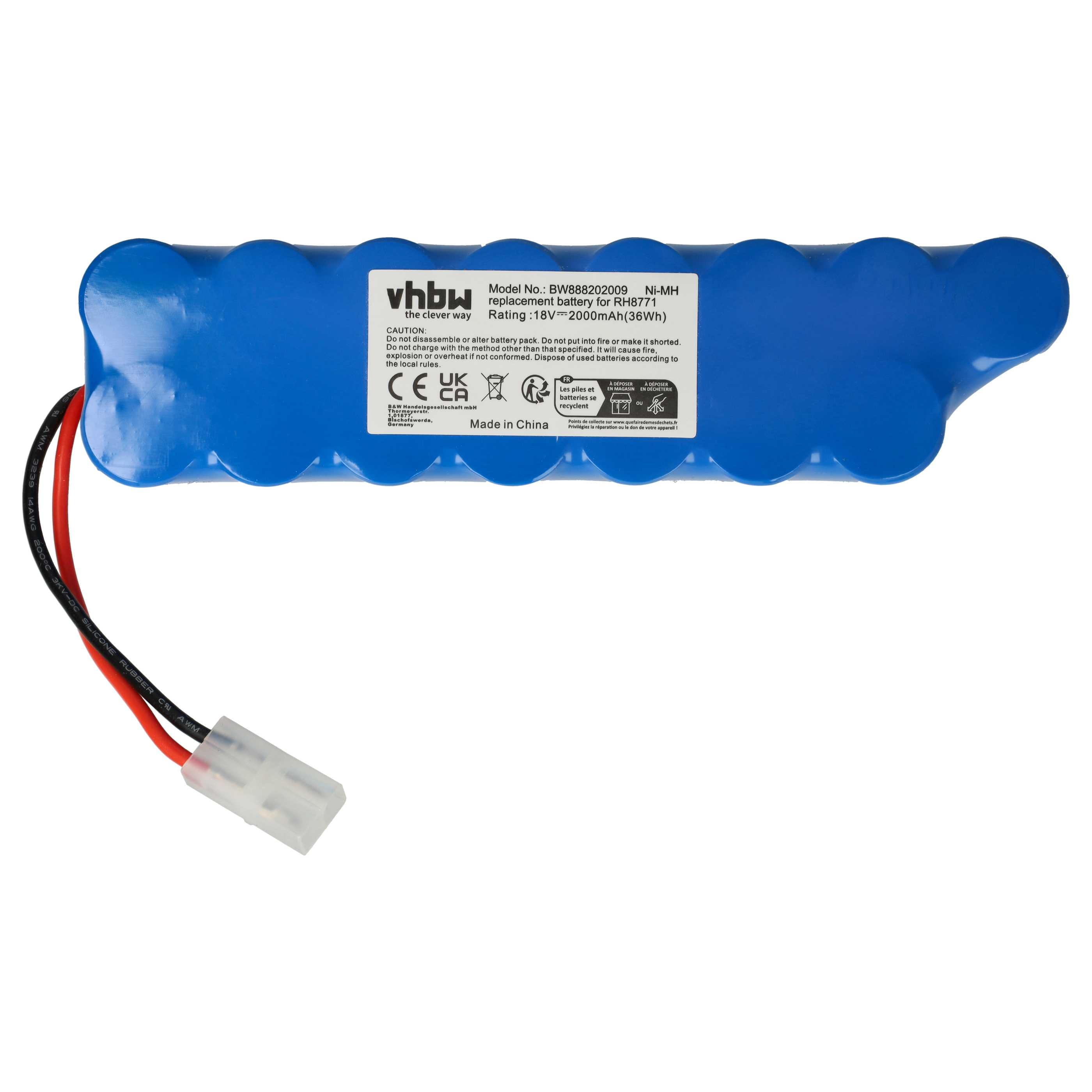 Blauer Akkusatz mit weißem Stecker und schwarzen und roten Drähten. Text und Etiketten auf der Oberfläche.