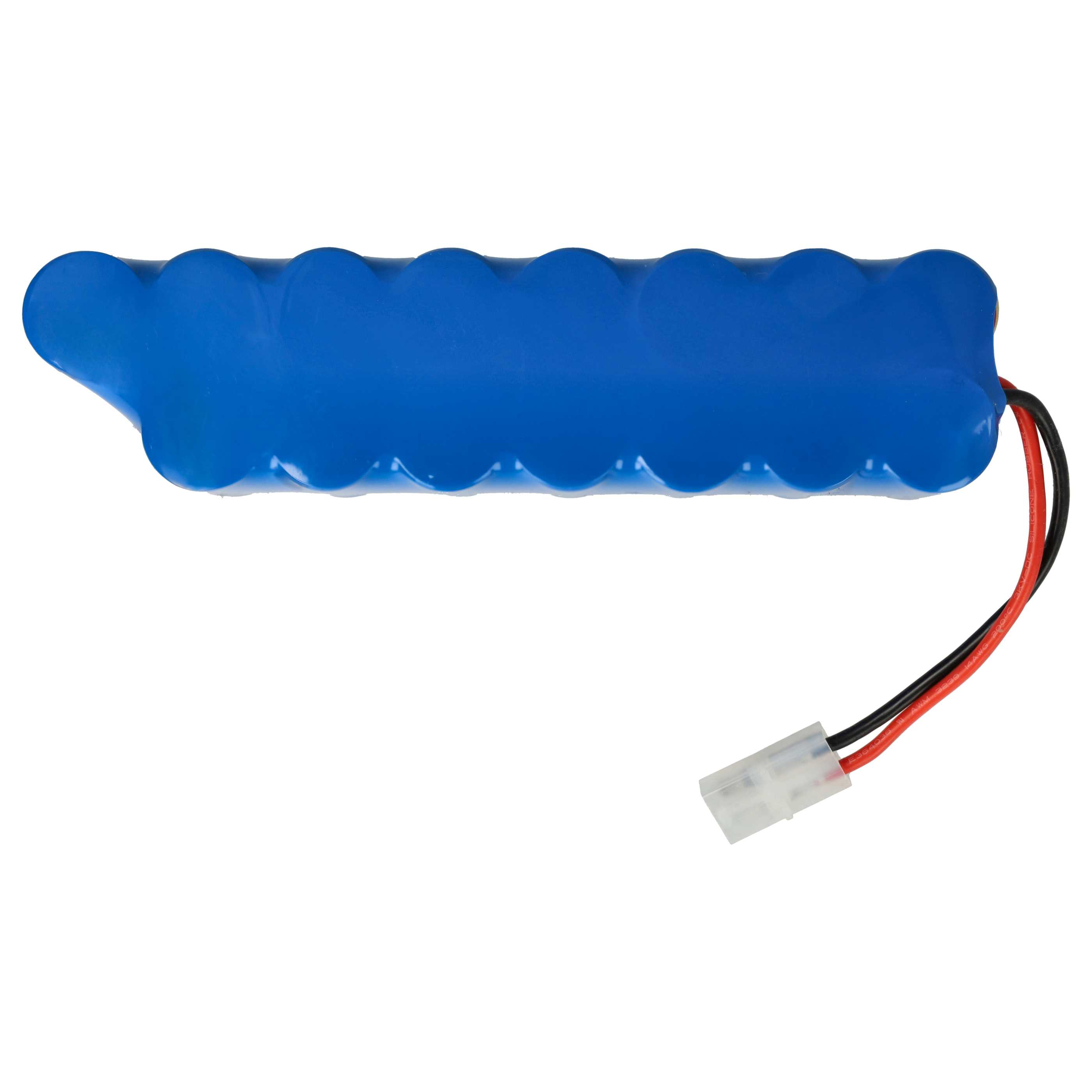 Ein blaues Batteriepack mit einem weißen Stecker und rot/schwarzen Drähten auf weißem Hintergrund.