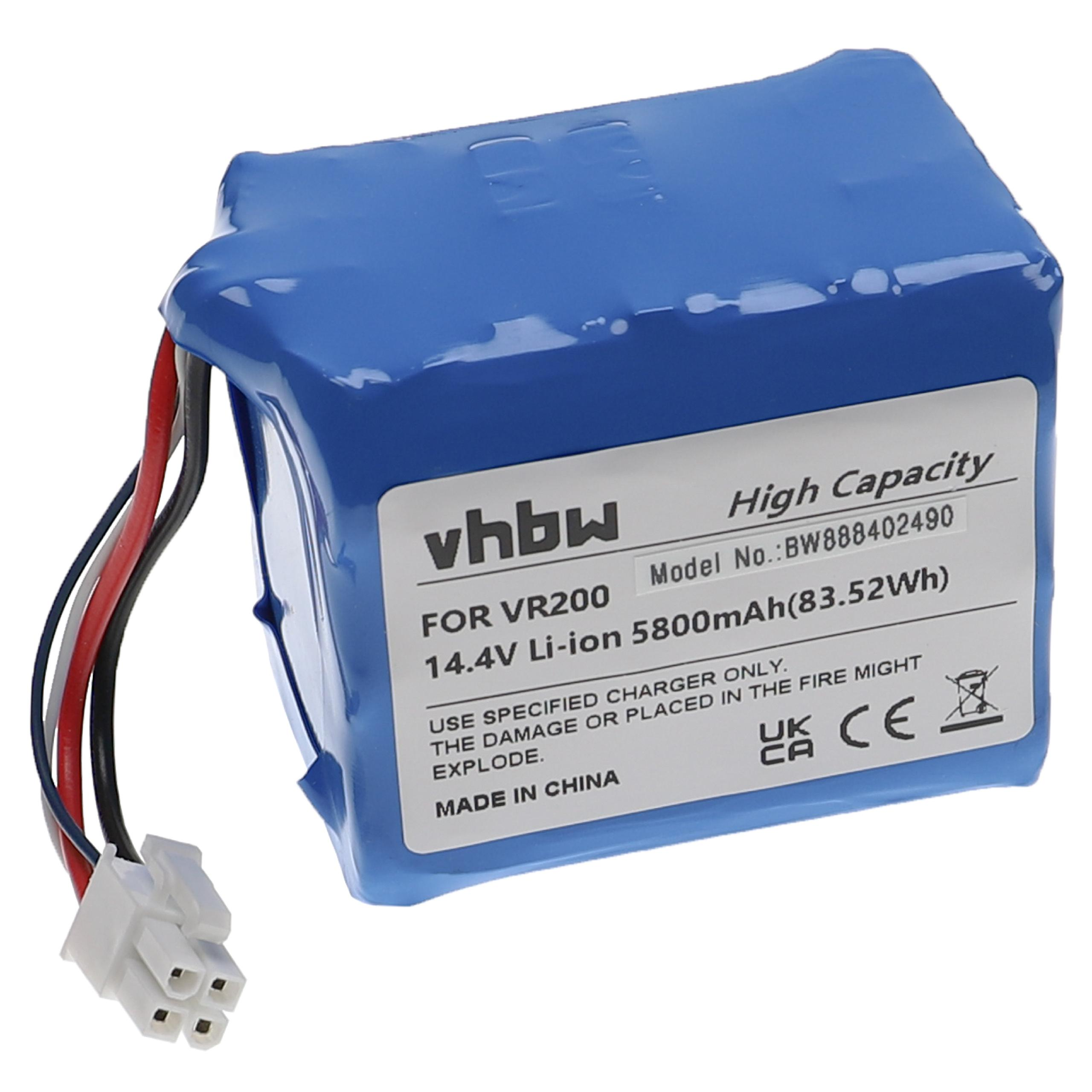 Blauer Akku mit weißem Etikett. Enthält Text: 'FOR VR200', '14,4 V Li-Ion', '5800 mAh'. Drähte und Stecker vorhanden.