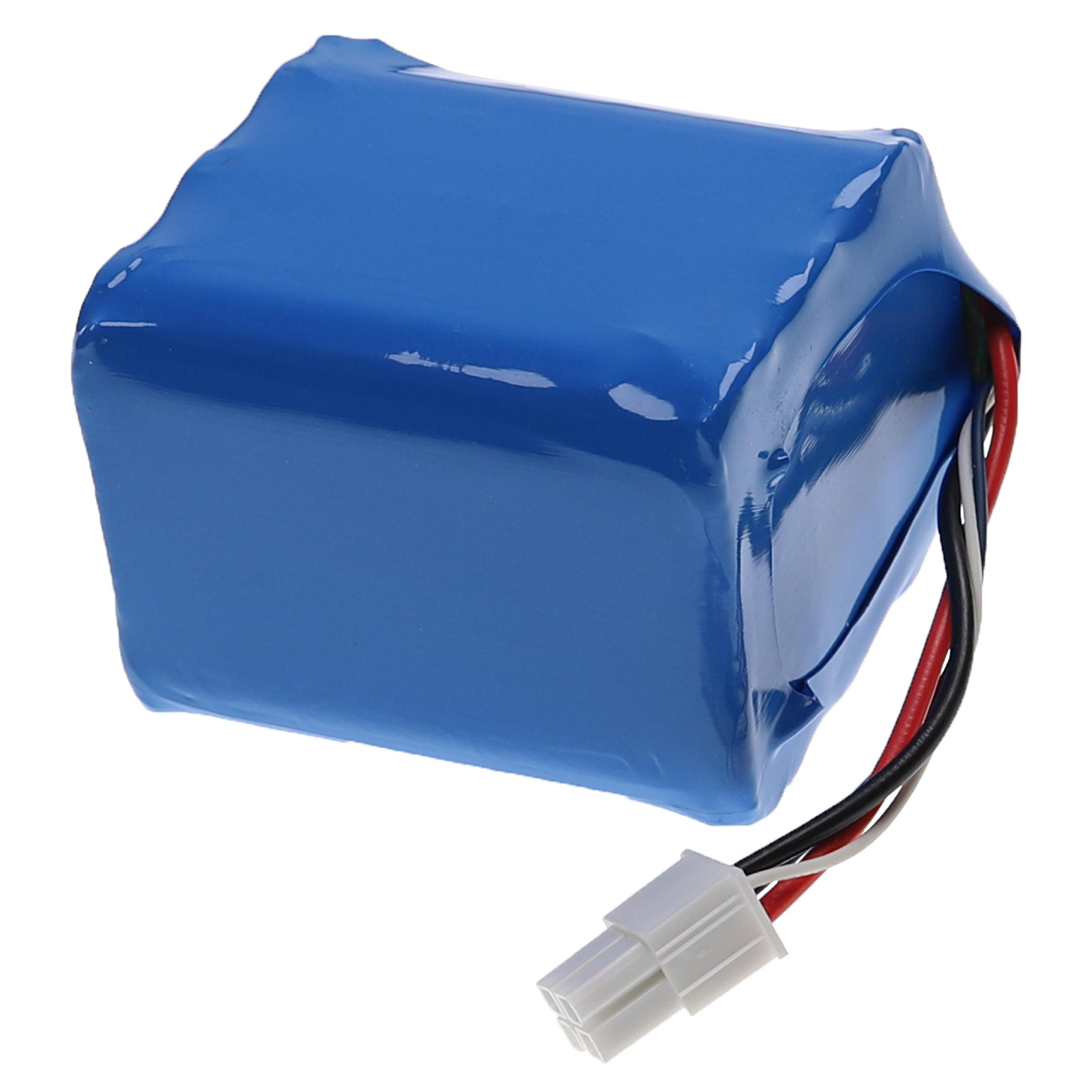Ein blauer Akku mit Stecker und Drähten. Das Paket ist rechteckig mit abgerundeten Kanten. Drähte sind schwarz, weiß und rot.