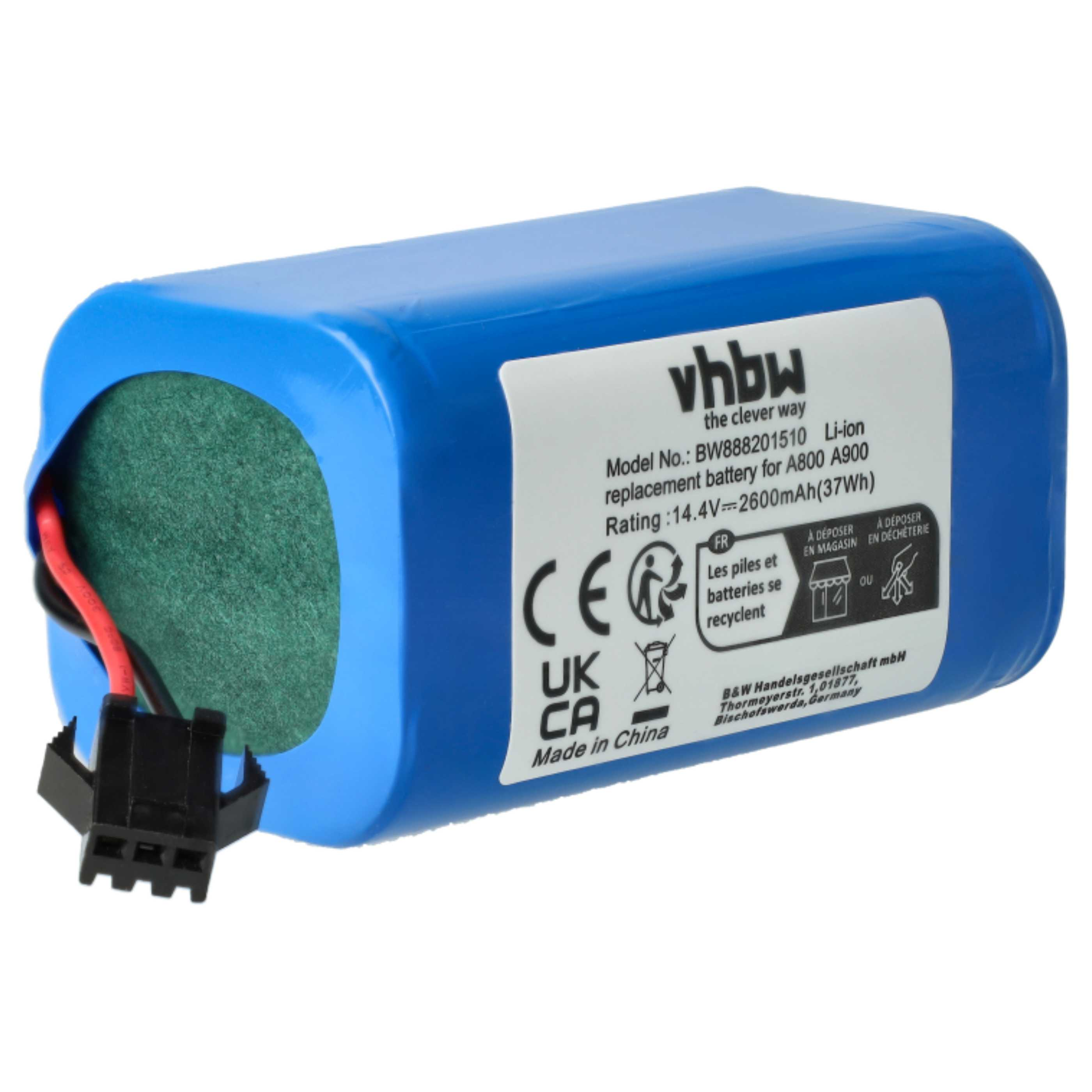 Ein blauer Akku mit Etikett, schwarzem Stecker und grünem Innenraum. Das Etikett trägt Text wie 'vhbw', Modellnummer und Recyclingsymbole.