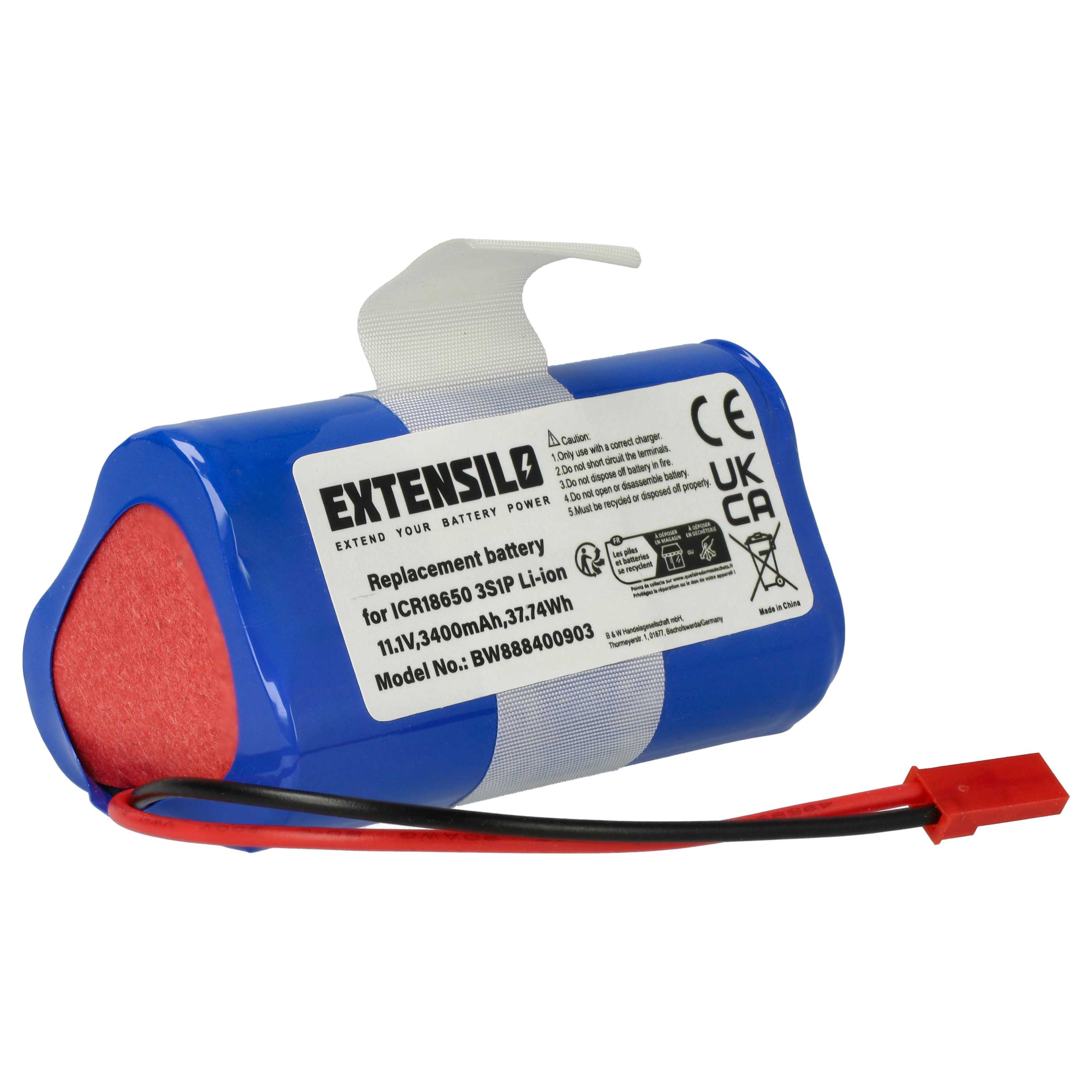 Ein blaues Extensilo-Akku mit roten Enden, weißem Etikett und rotem Stecker. Das Etikett hat Text und Symbole.