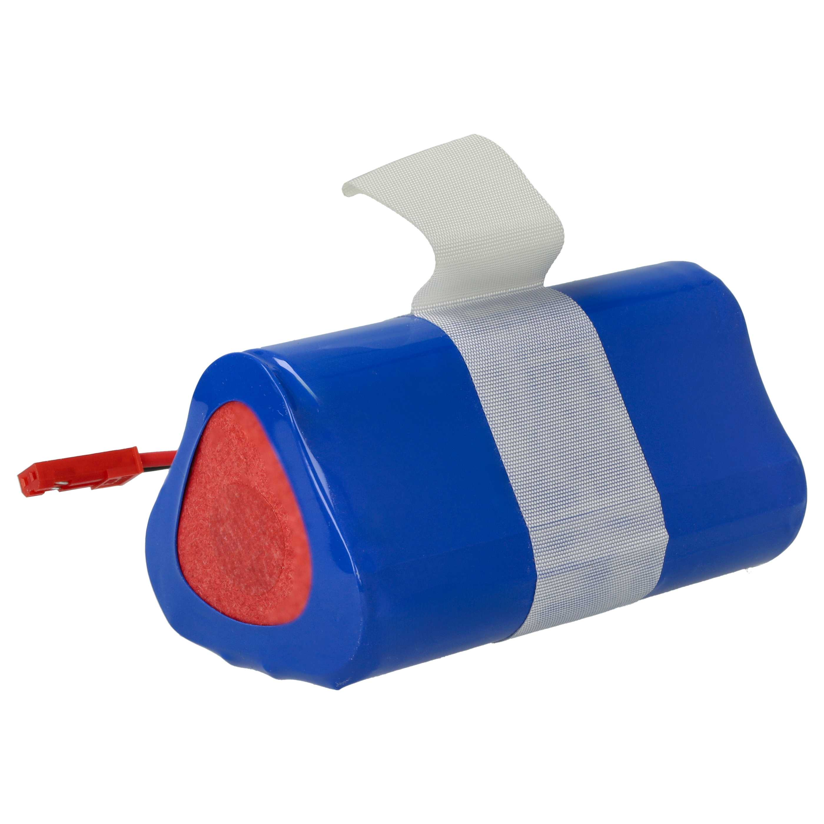 Ein blaues Akku-Pack mit rotem Stecker und weißem Riemen. Die Batterie hat ein rotes Dreieck.