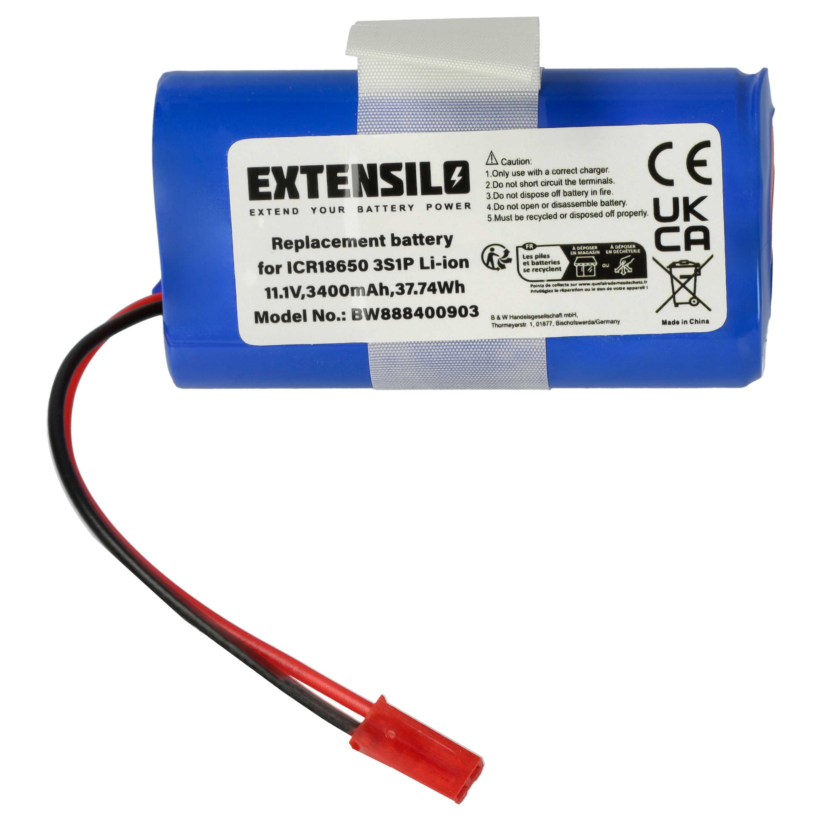 Blaue Batterie mit weißem Etikett, schwarzen und roten Drähten und rotem Stecker.