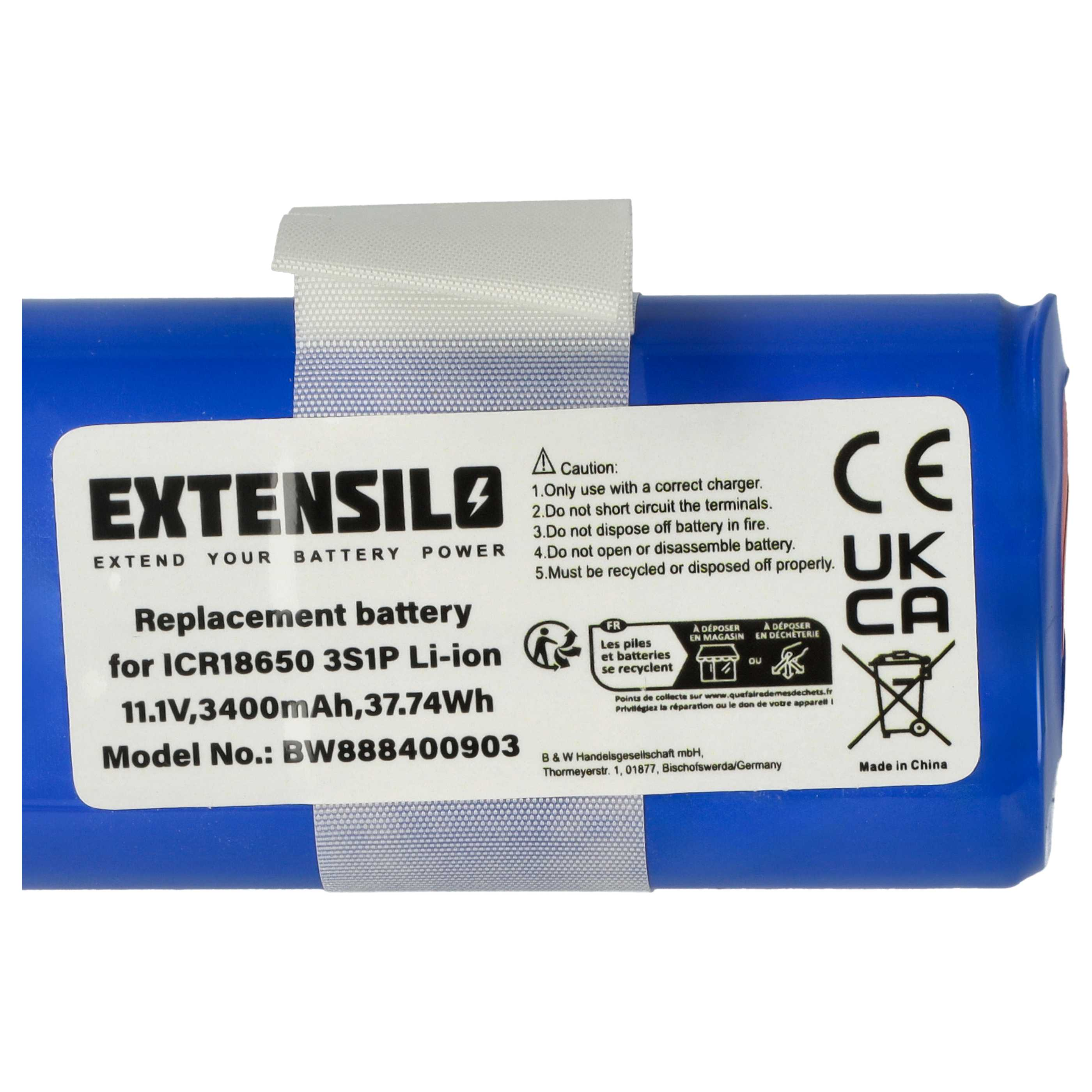 Blaue Extensilo-Ersatzbatterie. Text auf dem Etikett enthält Warnhinweise, Modellspezifikationen und Recyclingsymbole. Hergestellt in China.