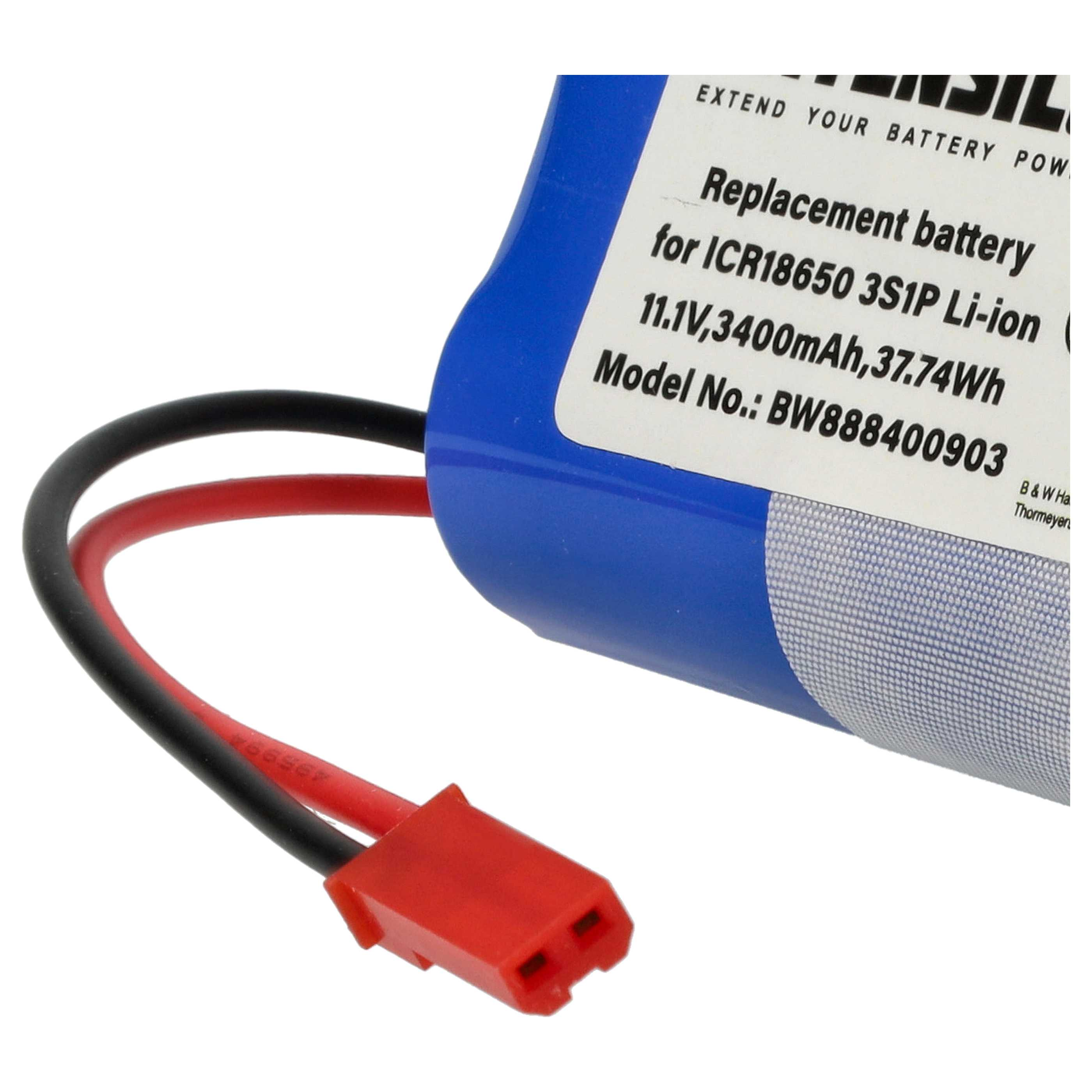 Ein blauer Akku mit roten und schwarzen Drähten und einem roten Stecker. Auf dem Akku steht Text: Ersatzakku für ICR18650 3S1P Li-ion.