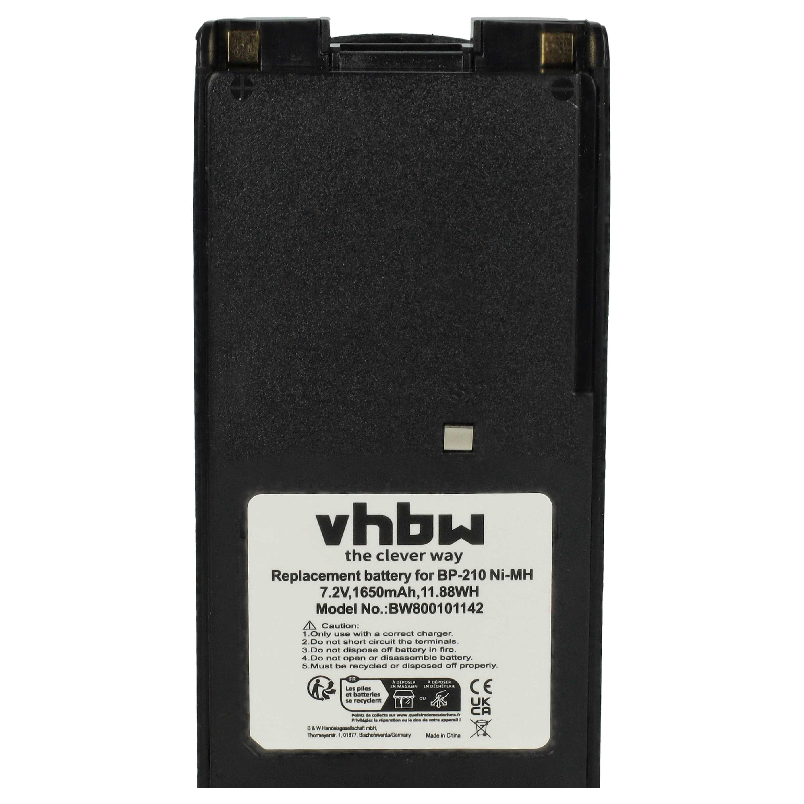 Schwarzer Akku mit weißem Text, der 'vhbw' und Spezifikationen zeigt. Enthält Sicherheitshinweise und Recyclingsymbole.
