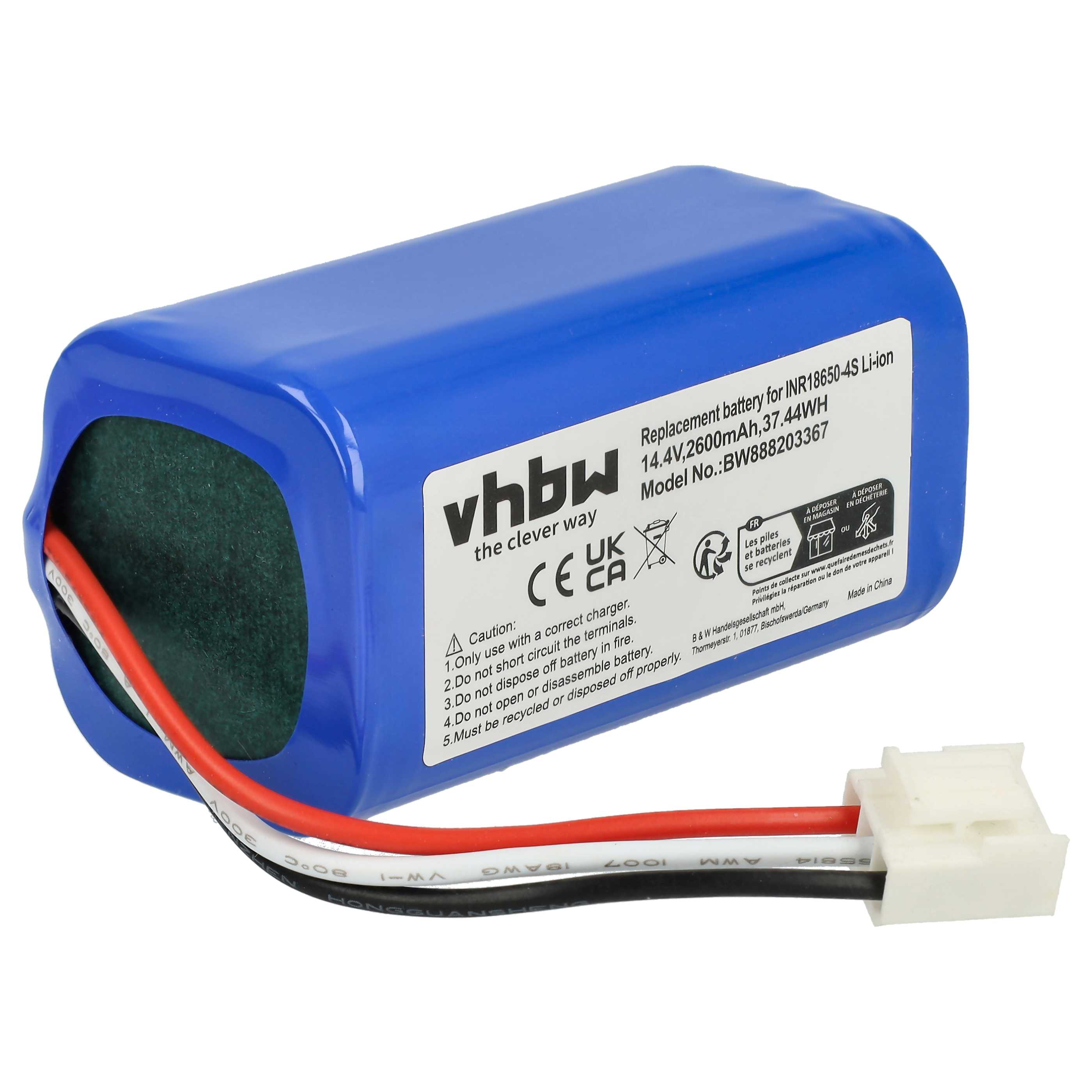 Blaue, rechteckige Batterie mit weißem Etikett, roten und weißen Drähten und einem weißen Stecker.
