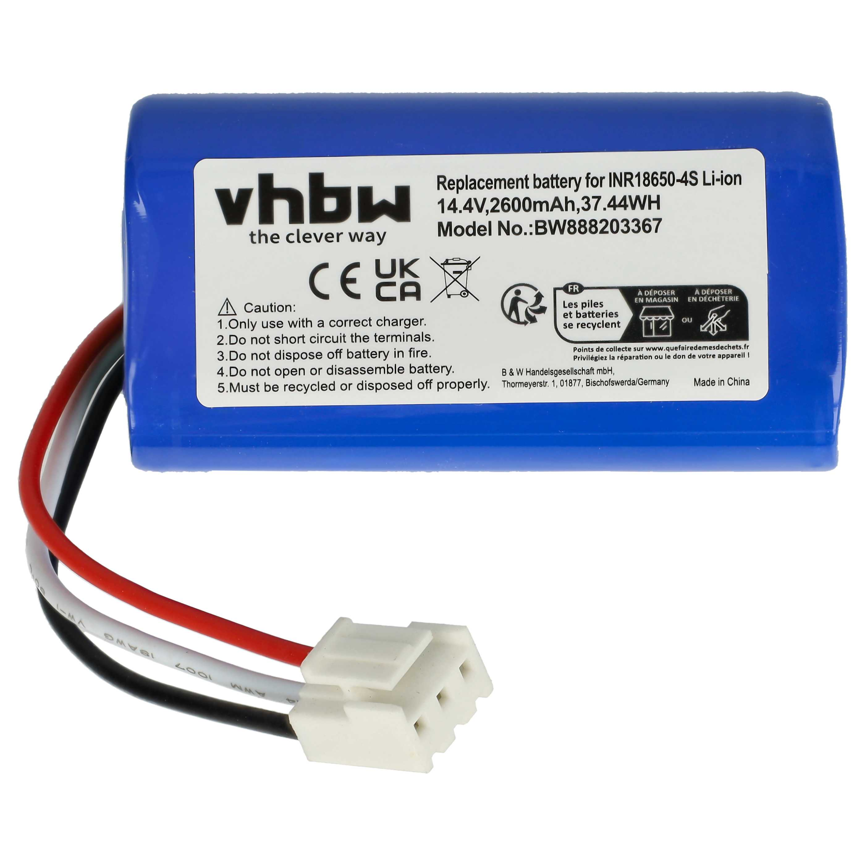 Ein blauer Akku mit Text. Es hat rote, schwarze und weiße Drähte, die mit einem weißen Stecker verbunden sind.
