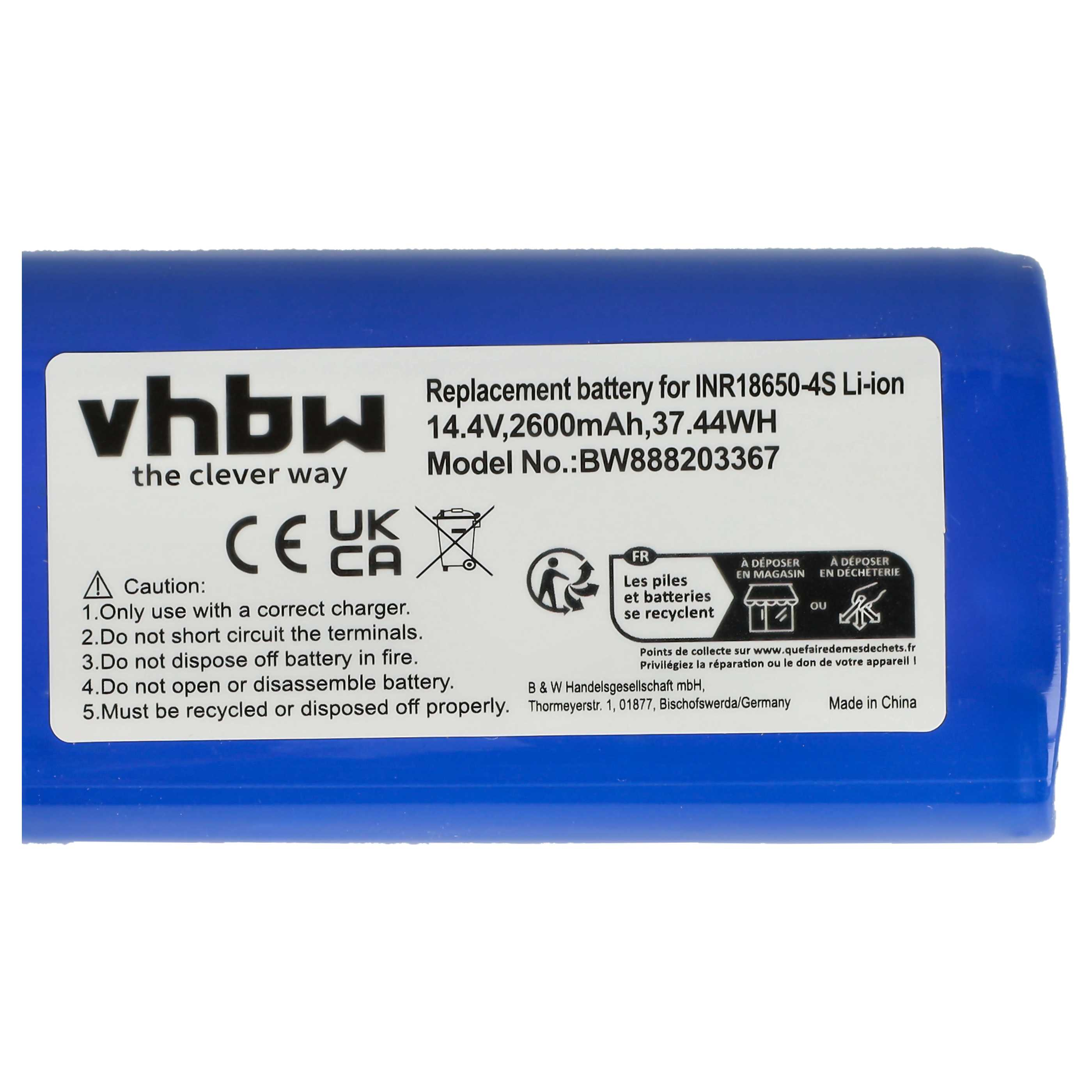 Blauer Akku mit weißem Etikett, vhbw-Logo und Textdetails. Enthält Warnungen und Recycling-Symbole. Hergestellt in China.