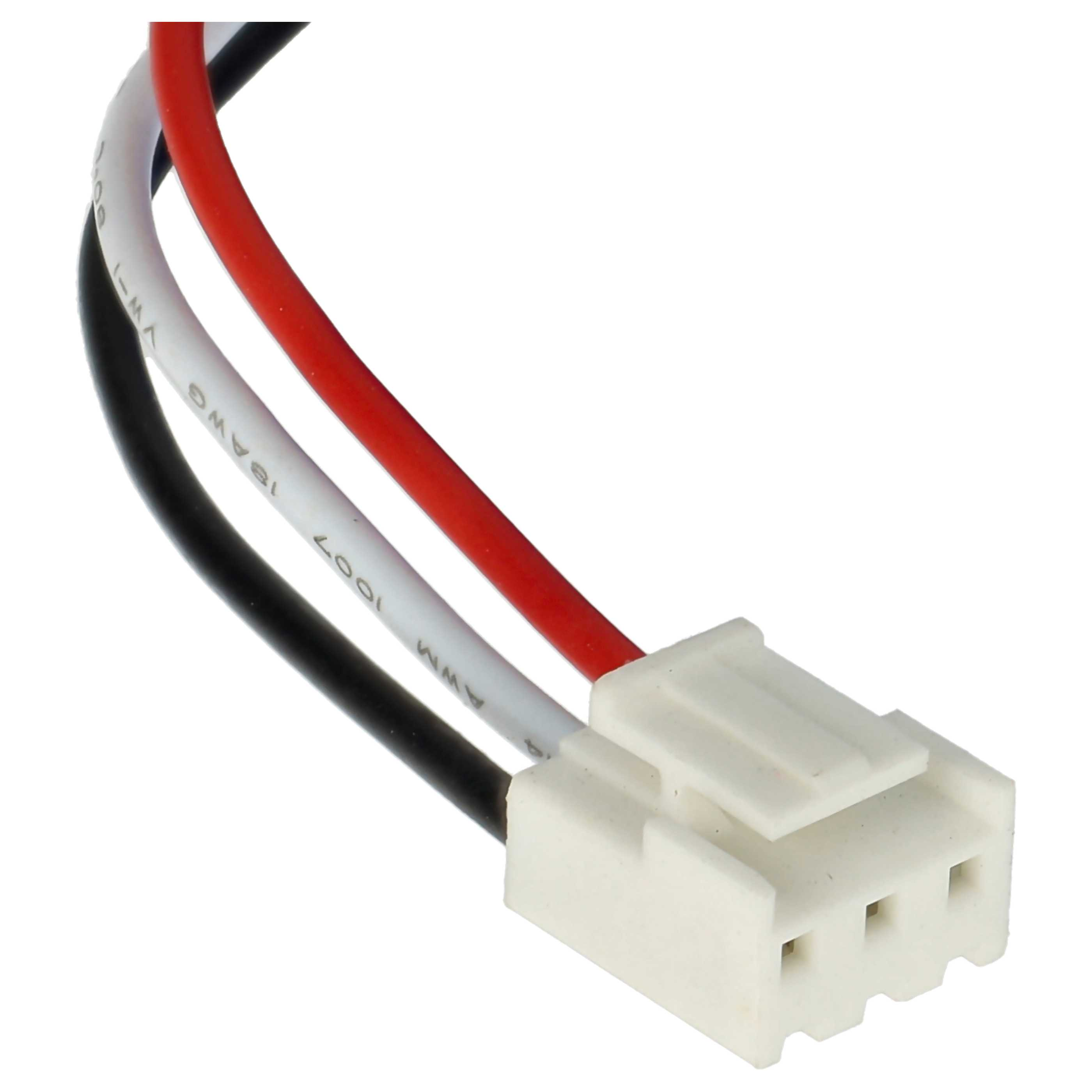 Nahaufnahme eines Steckers mit drei Drähten: schwarz, weiß und rot. Der Stecker ist weiß.