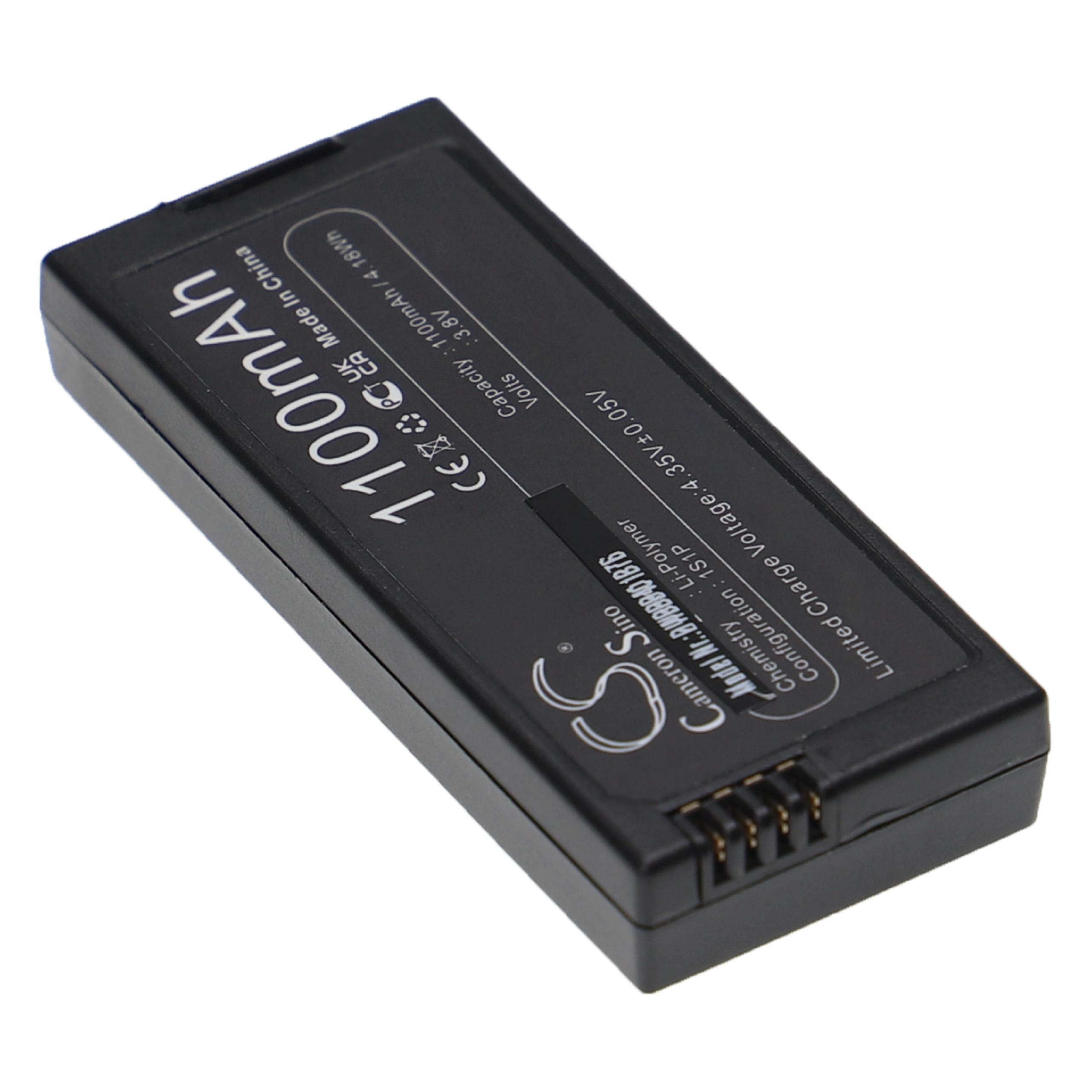 Ein schwarzer, rechteckiger Akku mit weißen Textdetails. Er hat Spezifikationen wie 1100 mAh, 3,8 V und Made in China.