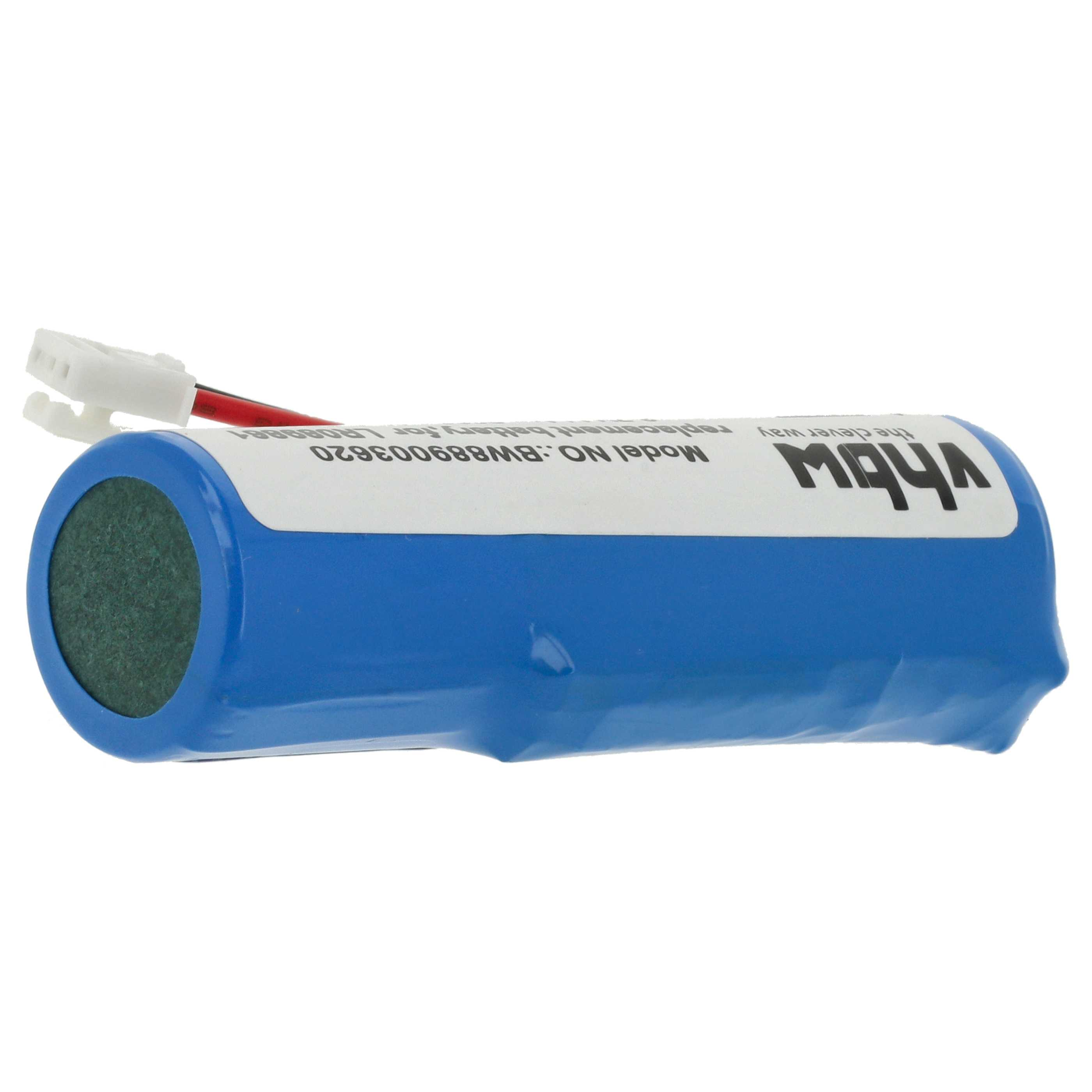 Eine blaue Batterie mit weißem Etikett. Es hat ein grünes Ende und einen weißen Stecker mit roten und schwarzen Drähten.