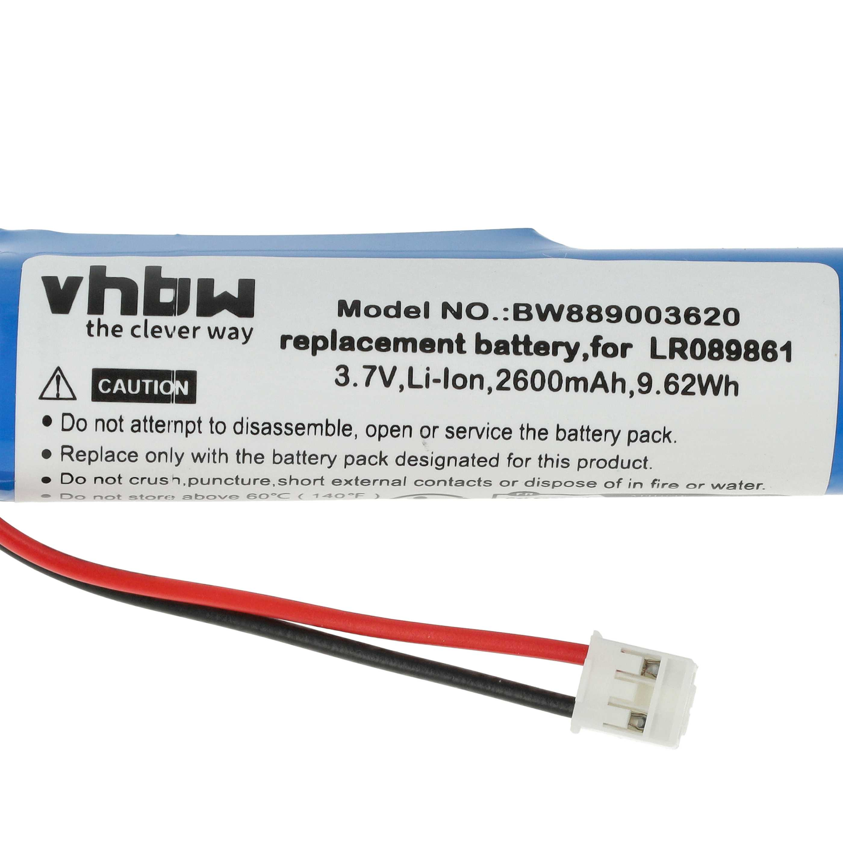 Akku mit weißem Etikett. Text: vhbw, Modell, Ersatzakku, 3,7V, Li-Ion, 2600mAh. Rote und schwarze Kabel.